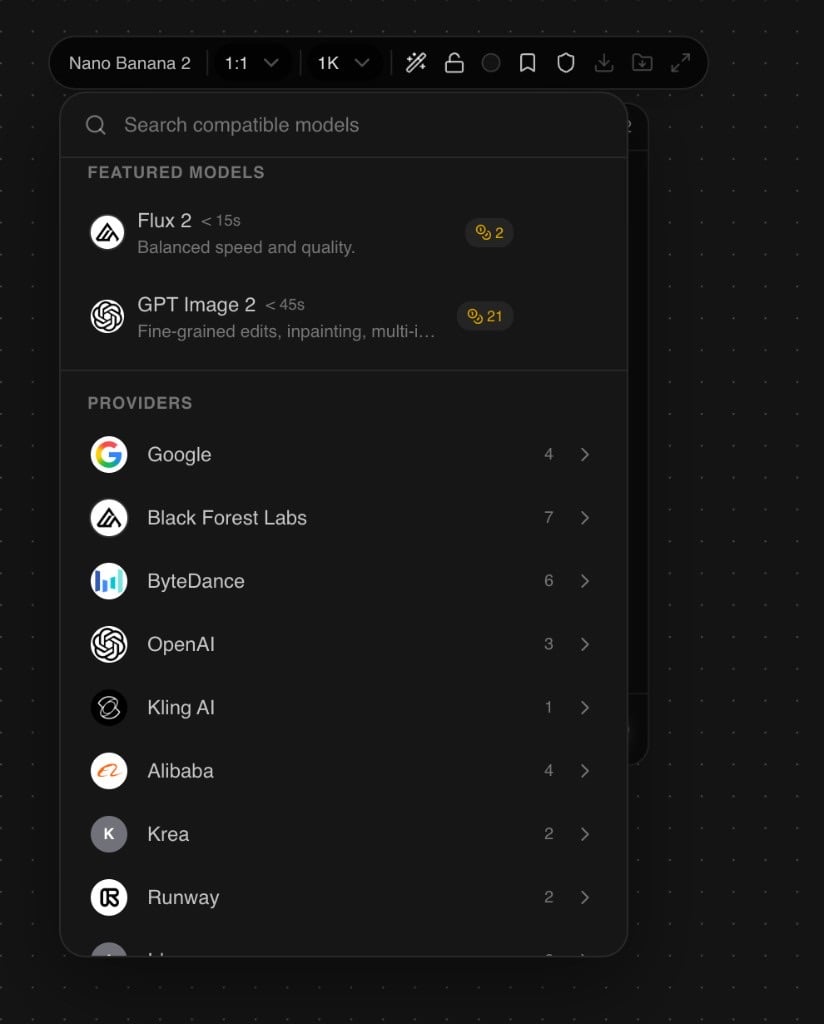 Model picker showing featured models and providers with credit costs