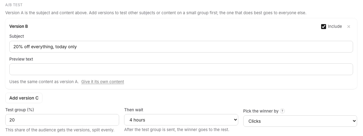 The A/B test panel on the Settings step of an email campaign: Version B with its own subject, Add version C, Test group 20%, Then wait 4 hours and Pick the winner by Clicks