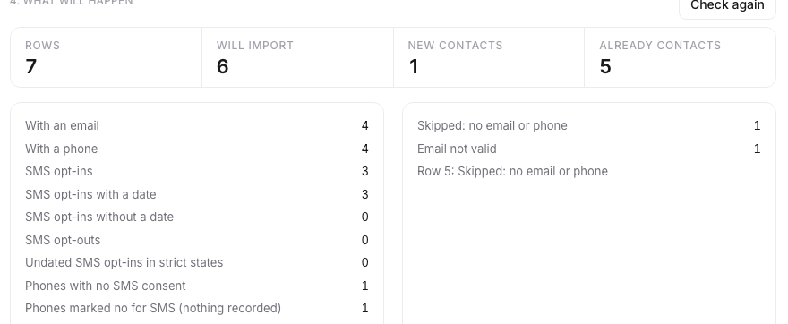 The What will happen step of a contact import: rows, will import, new contacts and already contacts, with the counts of emails, phones and opt-ins