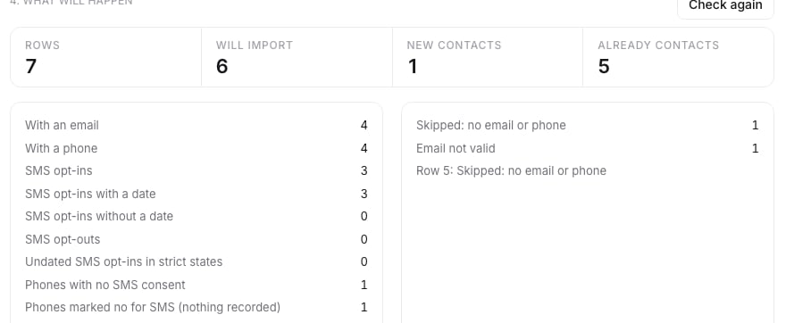 The What will happen step of a contact import: rows, will import, new contacts and already contacts, with the counts of emails, phones and opt-ins