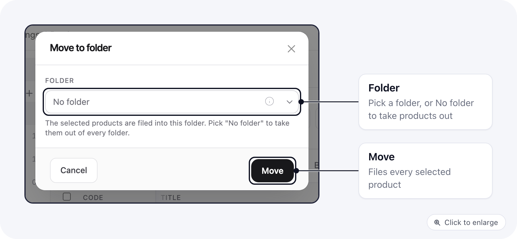 The Move to folder dialog opened from the bulk bar with one product selected