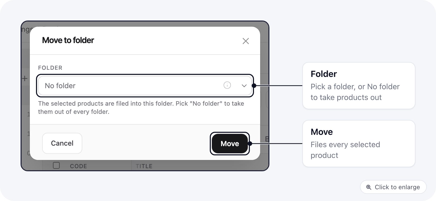 The Move to folder dialog opened from the bulk bar with one product selected