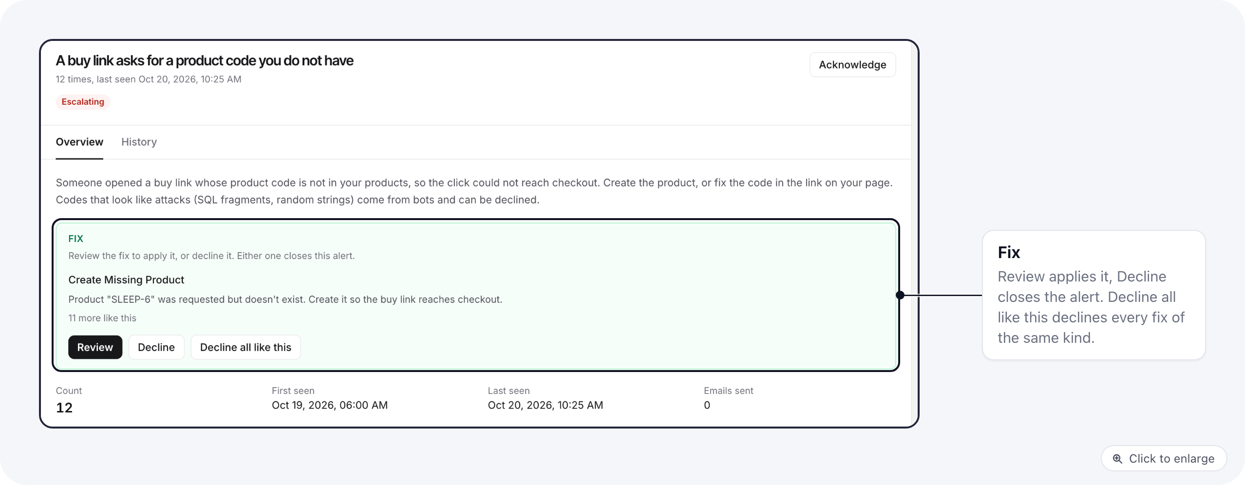 An alert with a fix: the Fix panel with Review, Decline and Decline all like this