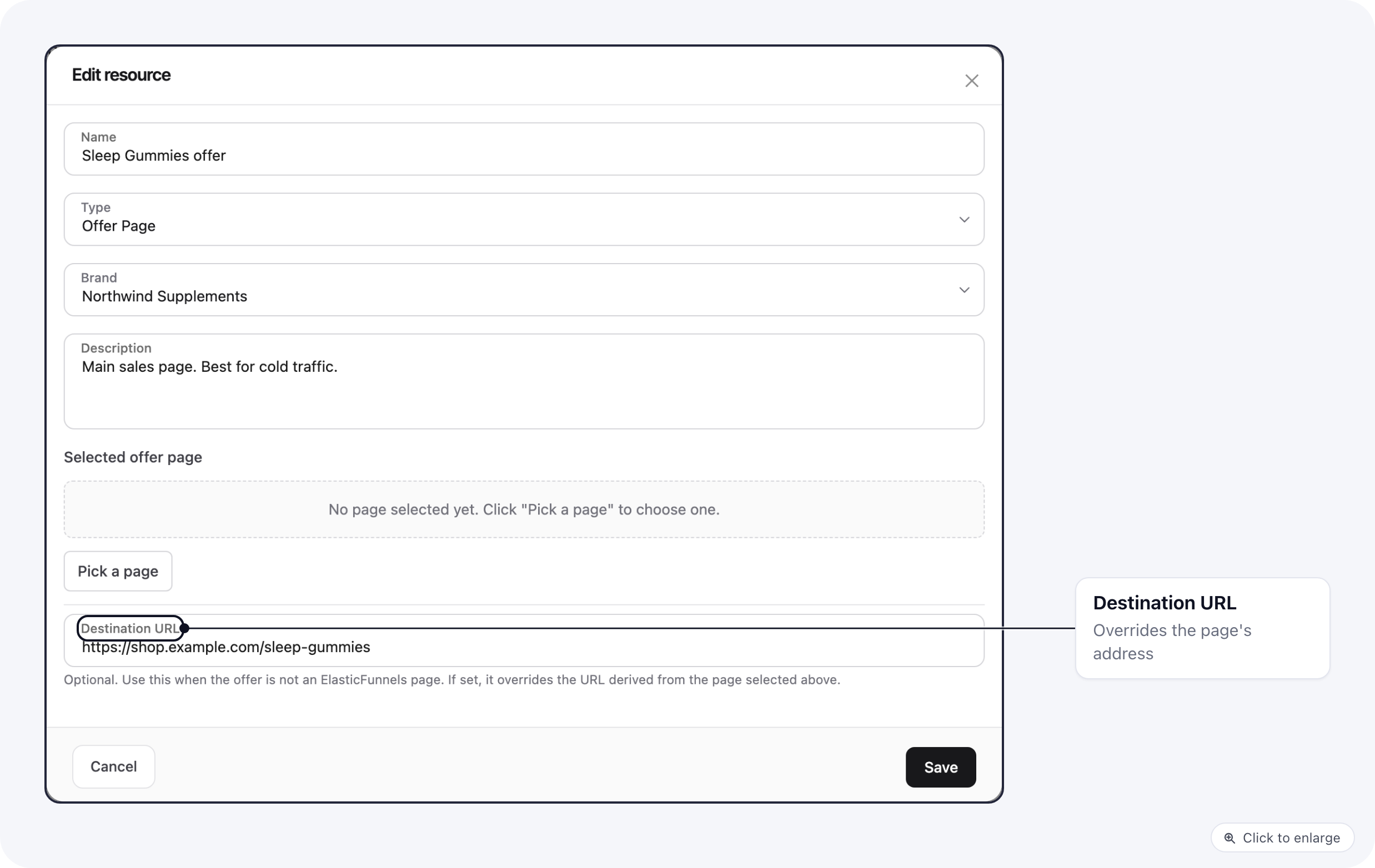 The Create a new resource form for an Offer Page: name, type, brand, the picked page and the Destination URL field