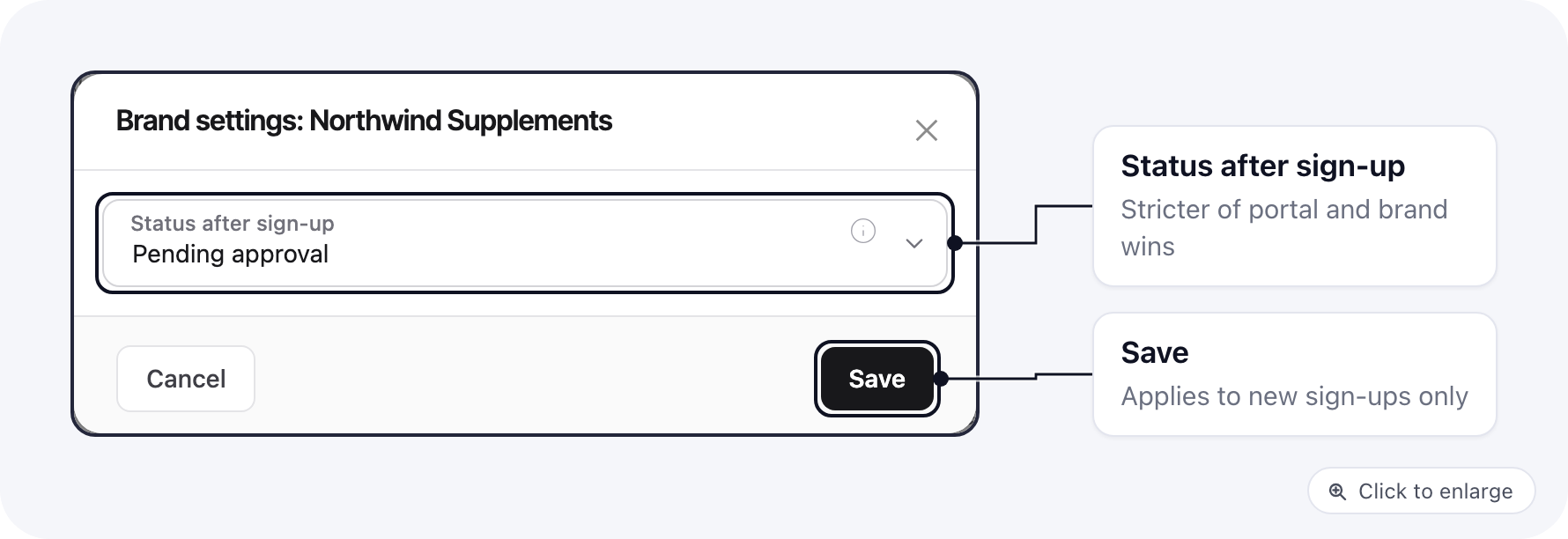 The Brand settings modal with the Status after sign-up select