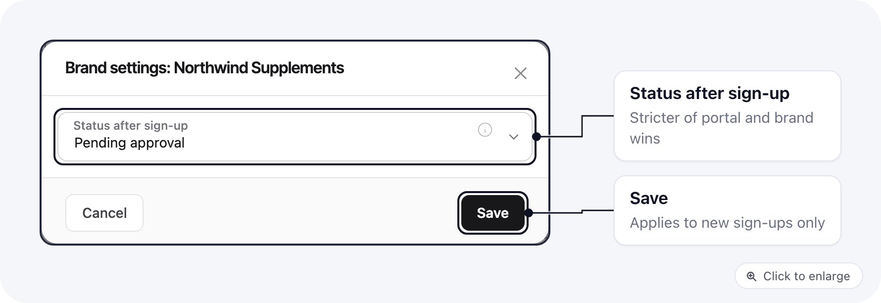 The Brand settings modal with the Status after sign-up select