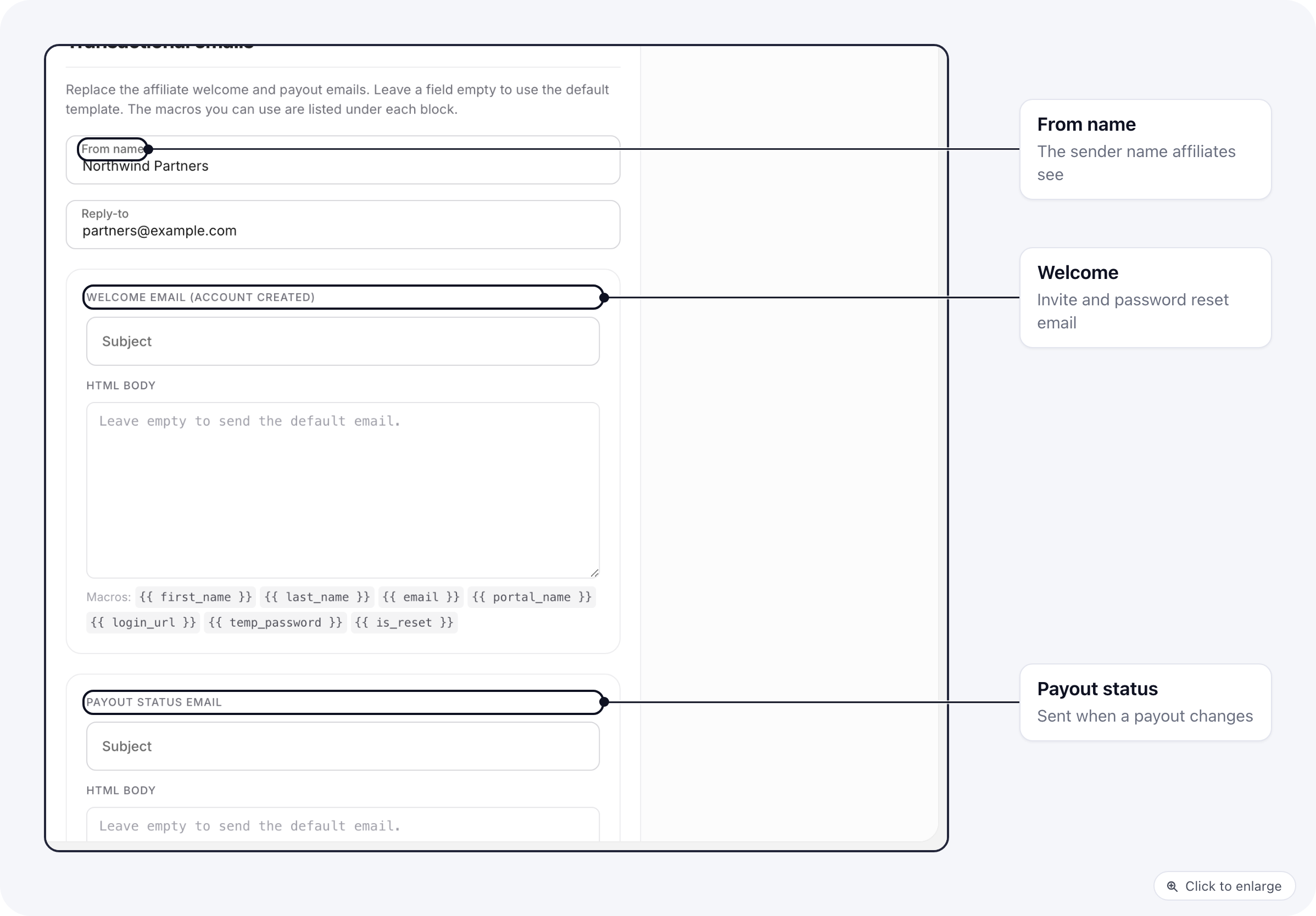 The Transactional emails section: from name, reply-to, and the welcome and payout status subject and body with their macros