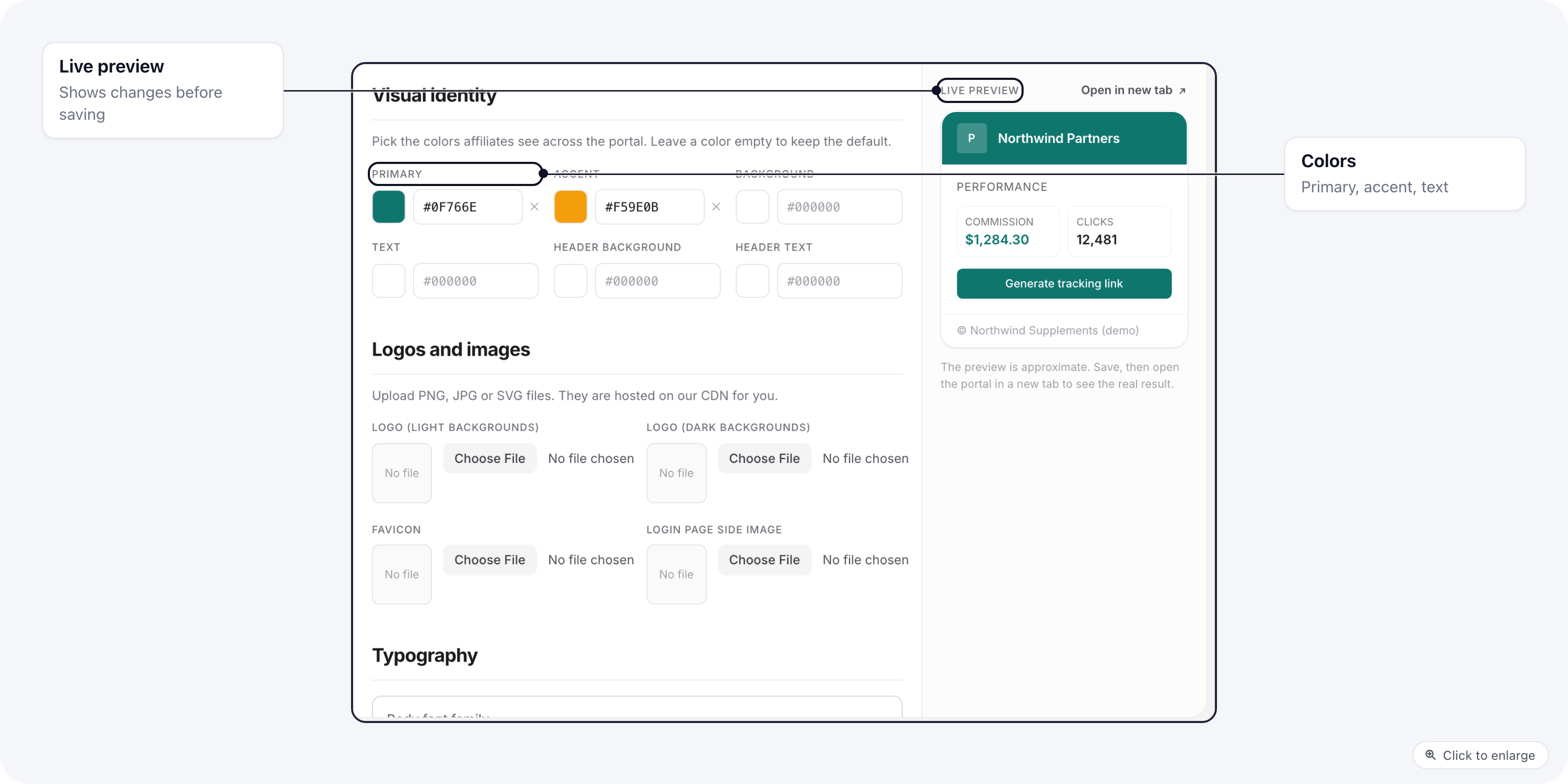 The Branding tab with colors, logos, fonts, copy and links, and the live preview of the portal
