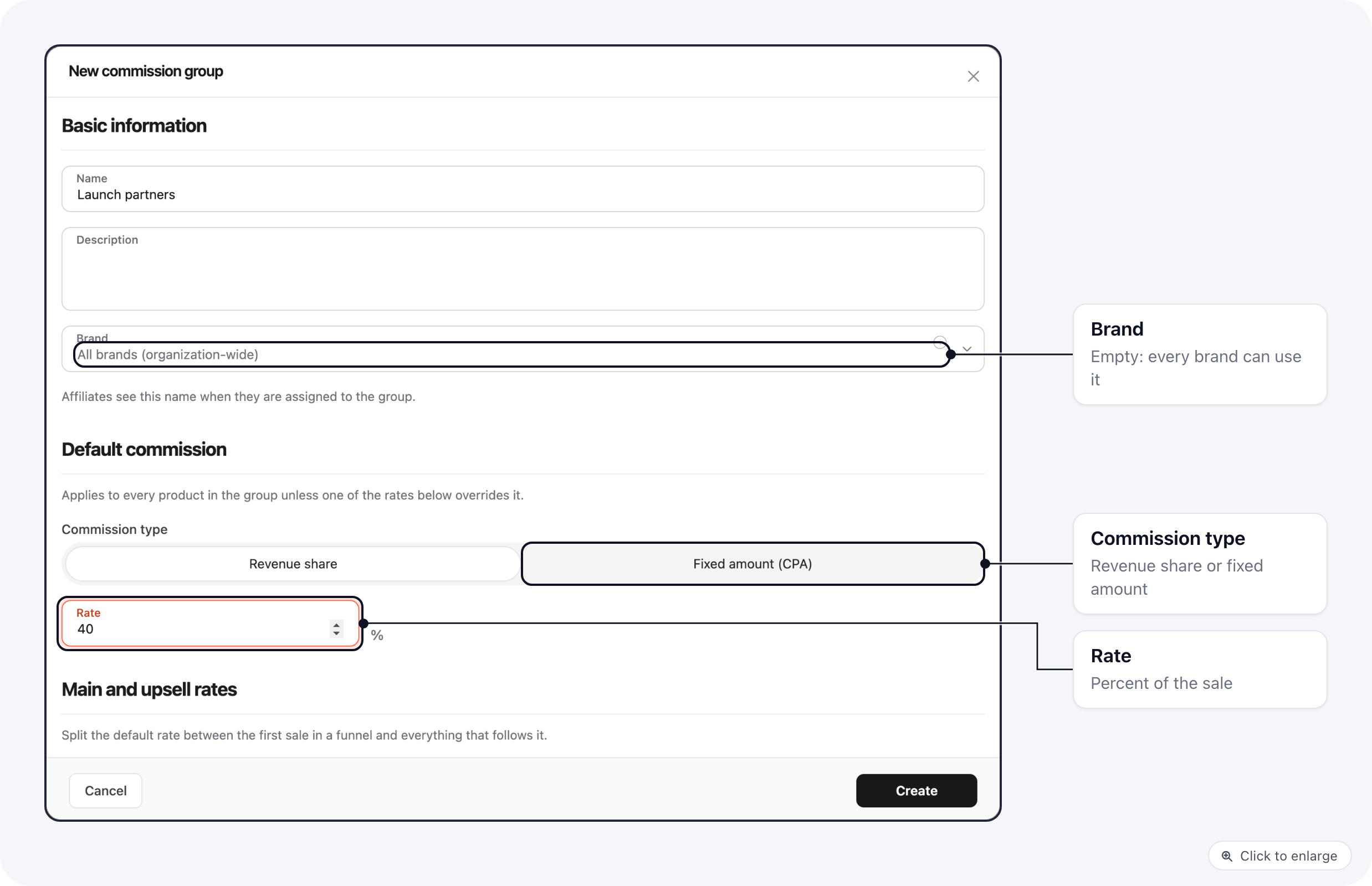 The New commission group form: name, brand, commission type and a 40% rate