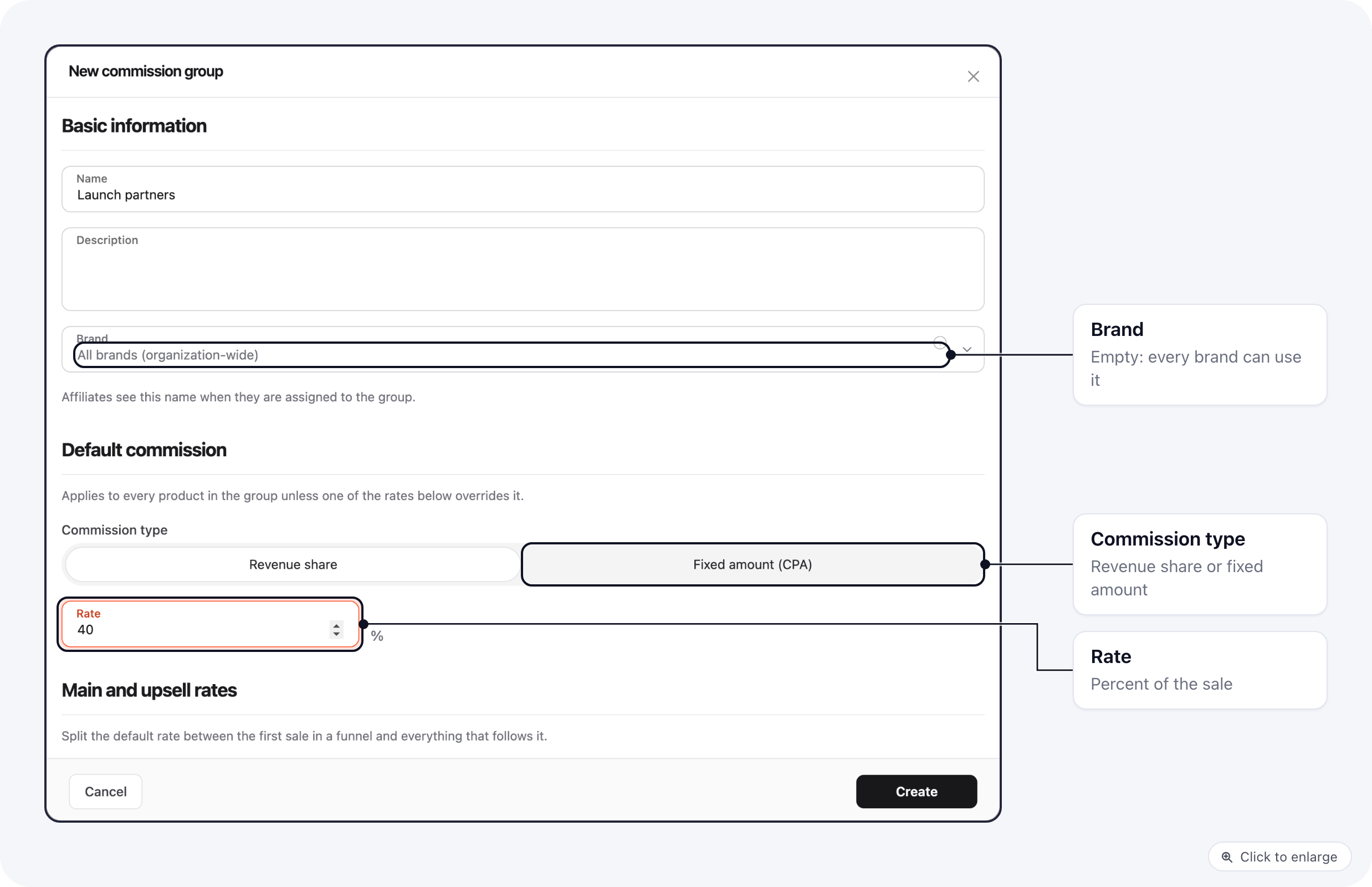The New commission group form: name, brand, commission type and a 40% rate