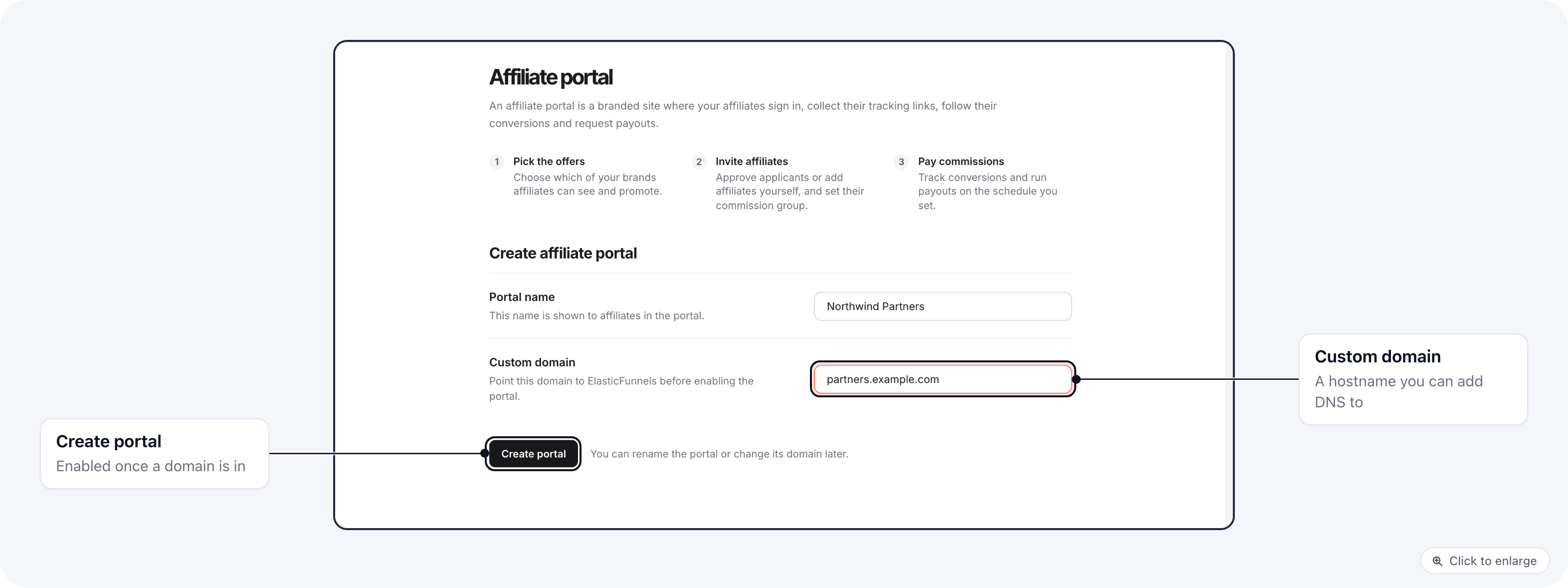 The Create affiliate portal form with a portal name, the custom domain partners.example.com and the Create portal button