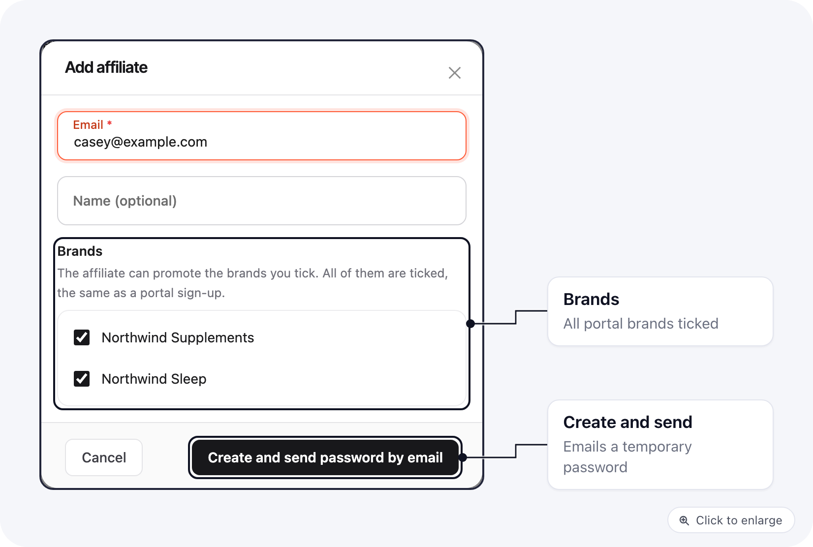 The Add affiliate modal with email, name and the portal's brands ticked