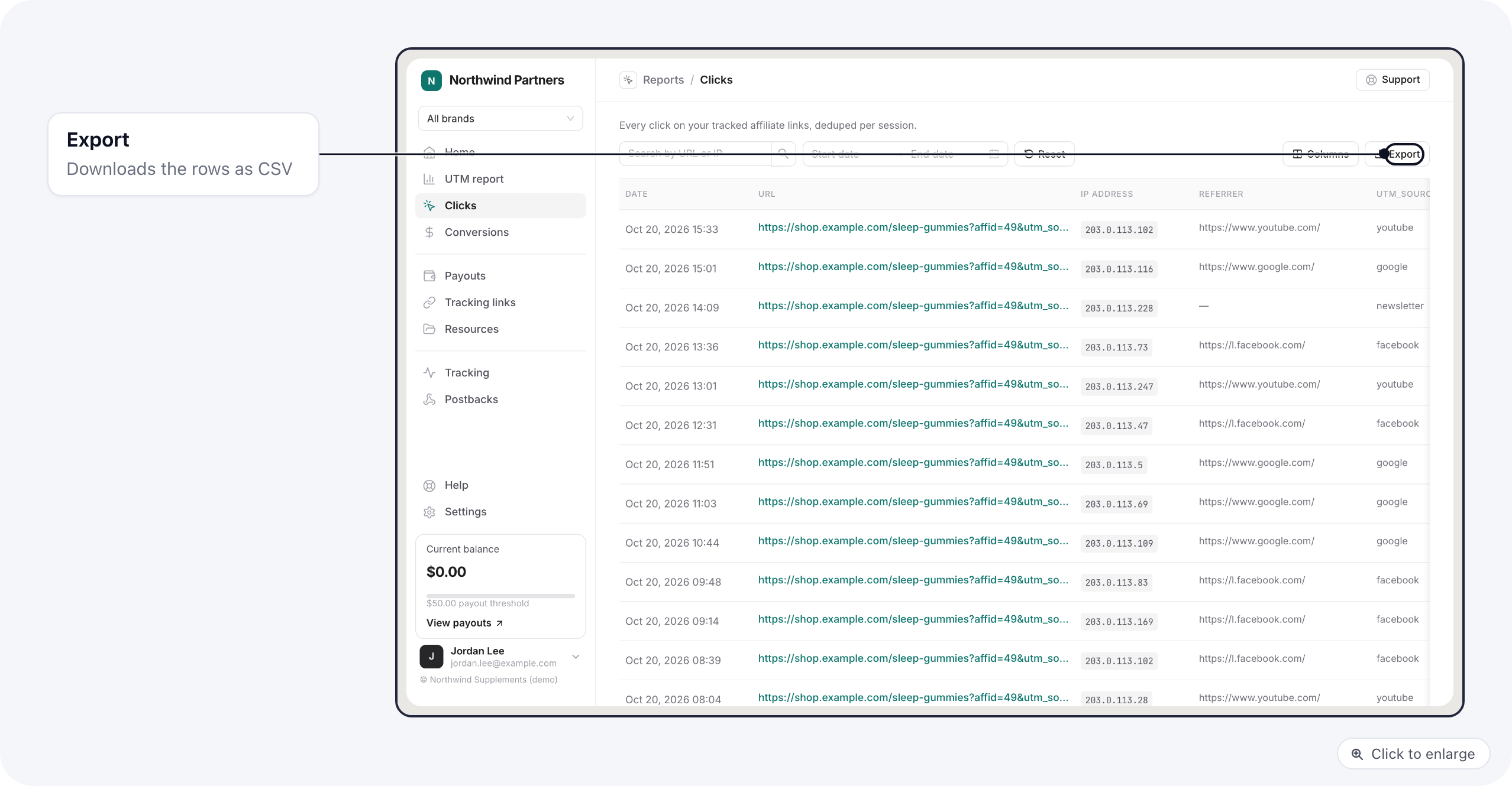 The Clicks report with date, URL, referrer, UTM and sub ID columns