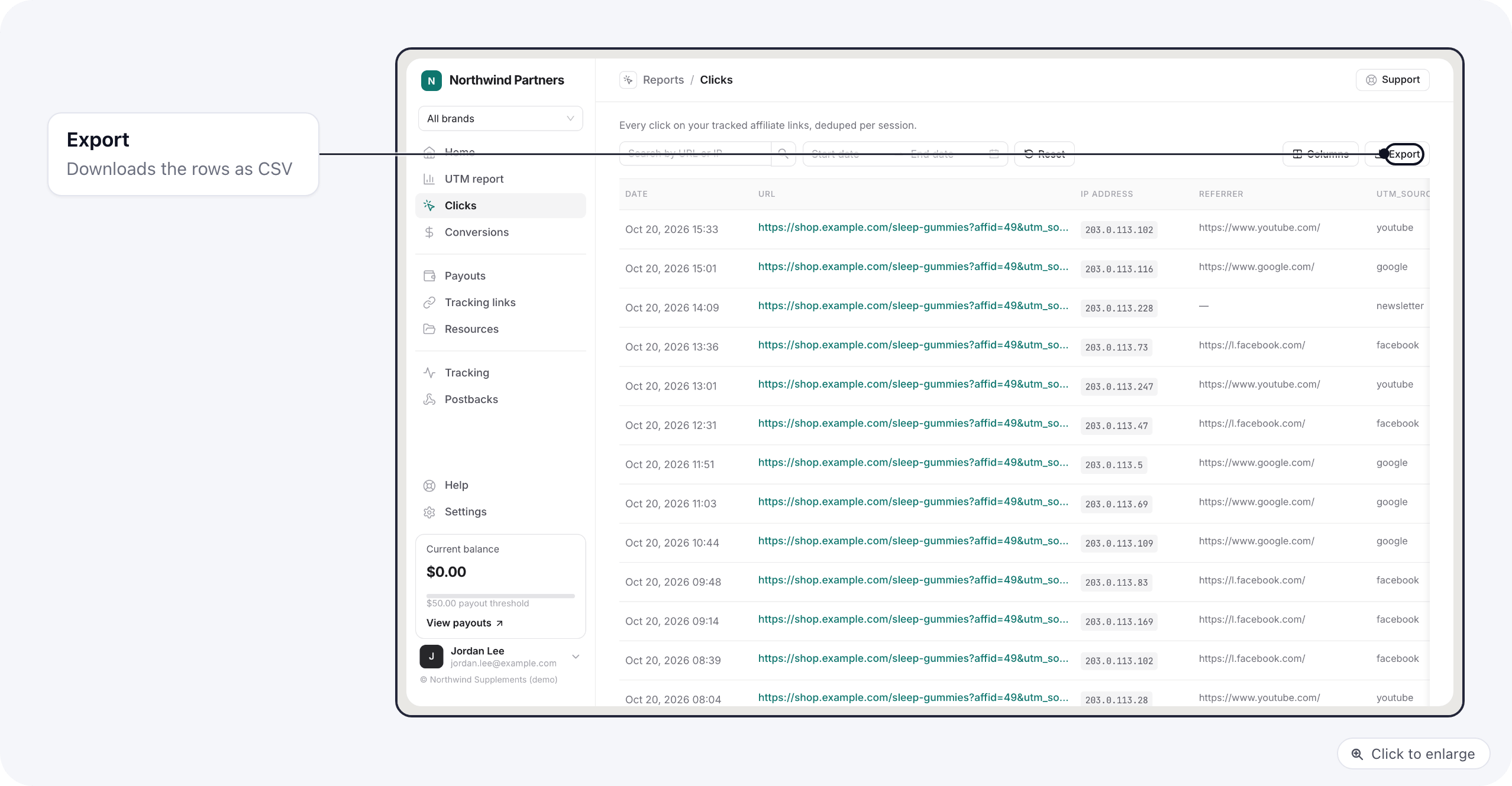The Clicks report with date, URL, referrer, UTM and sub ID columns