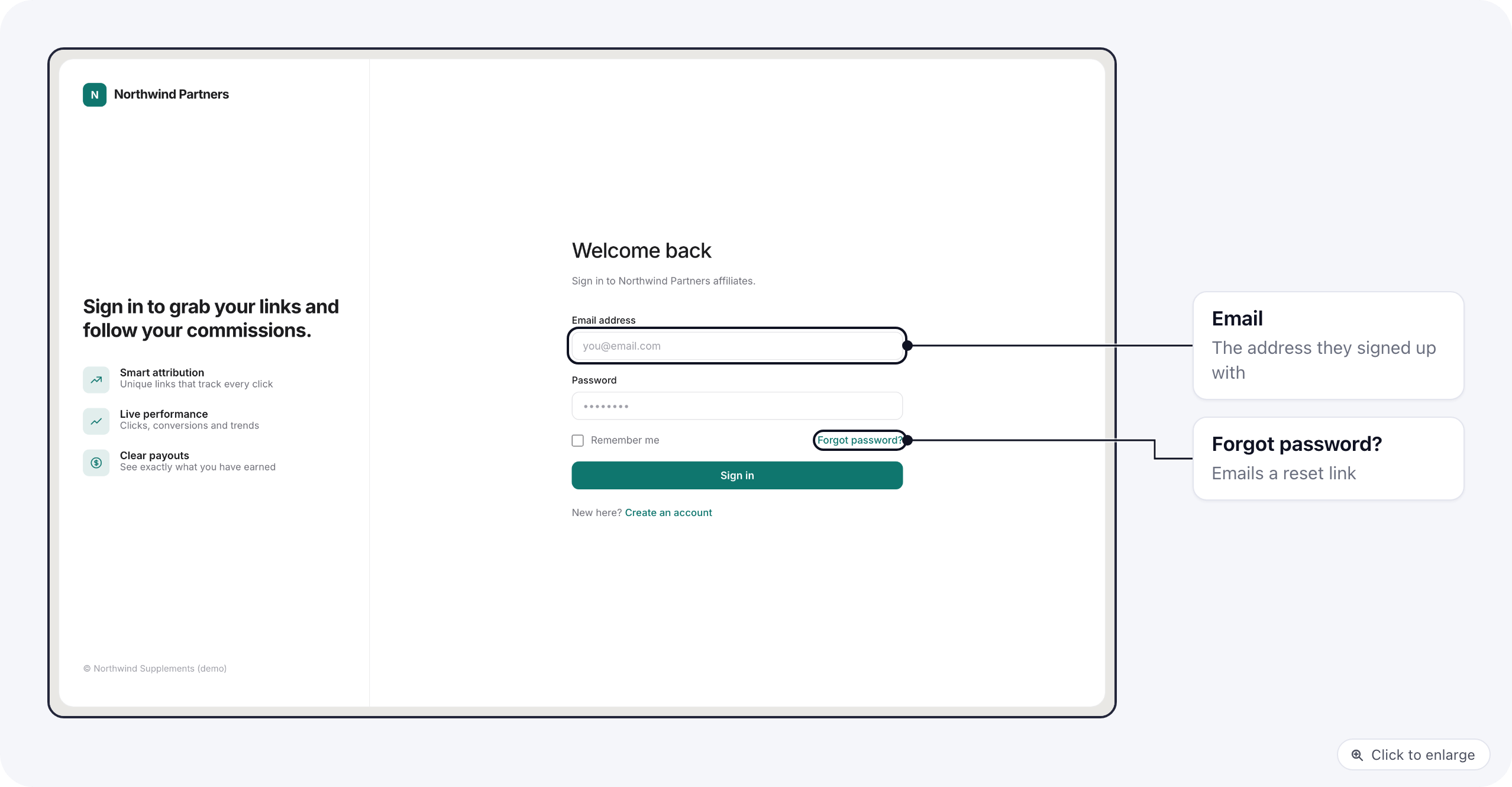 The portal's sign-in page with email, password and the Forgot password link