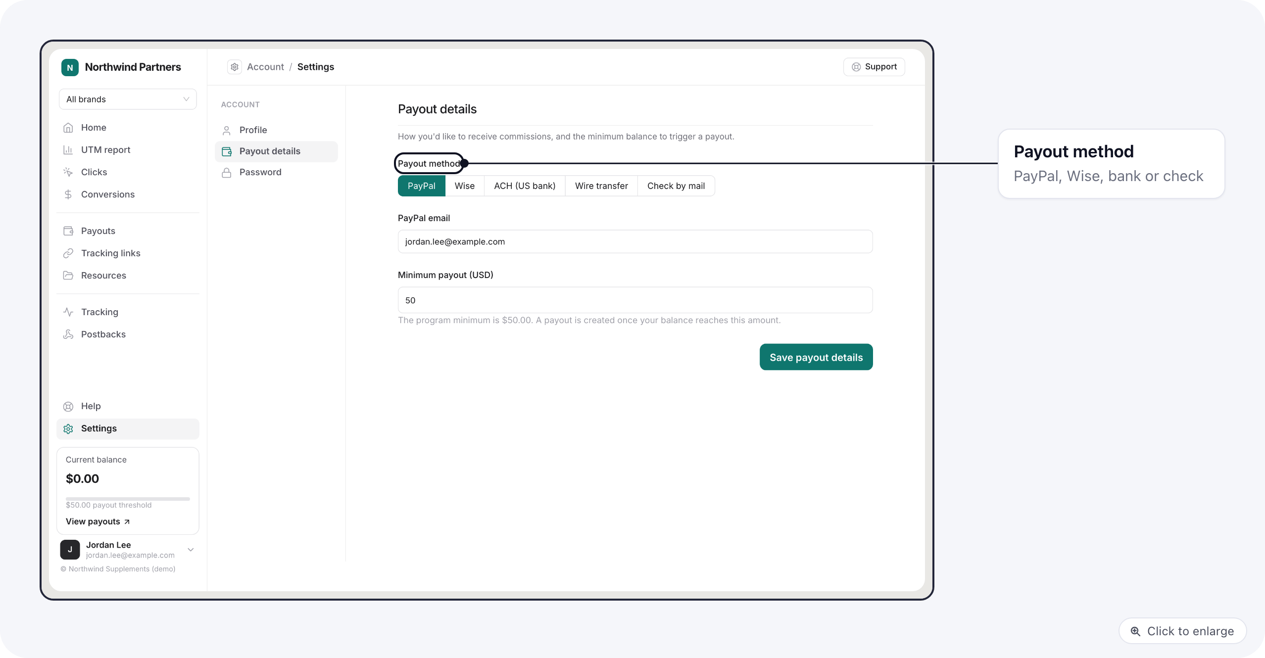 Settings, Payout details on the portal: the payout method choice, the PayPal email and the minimum payout with the program minimum