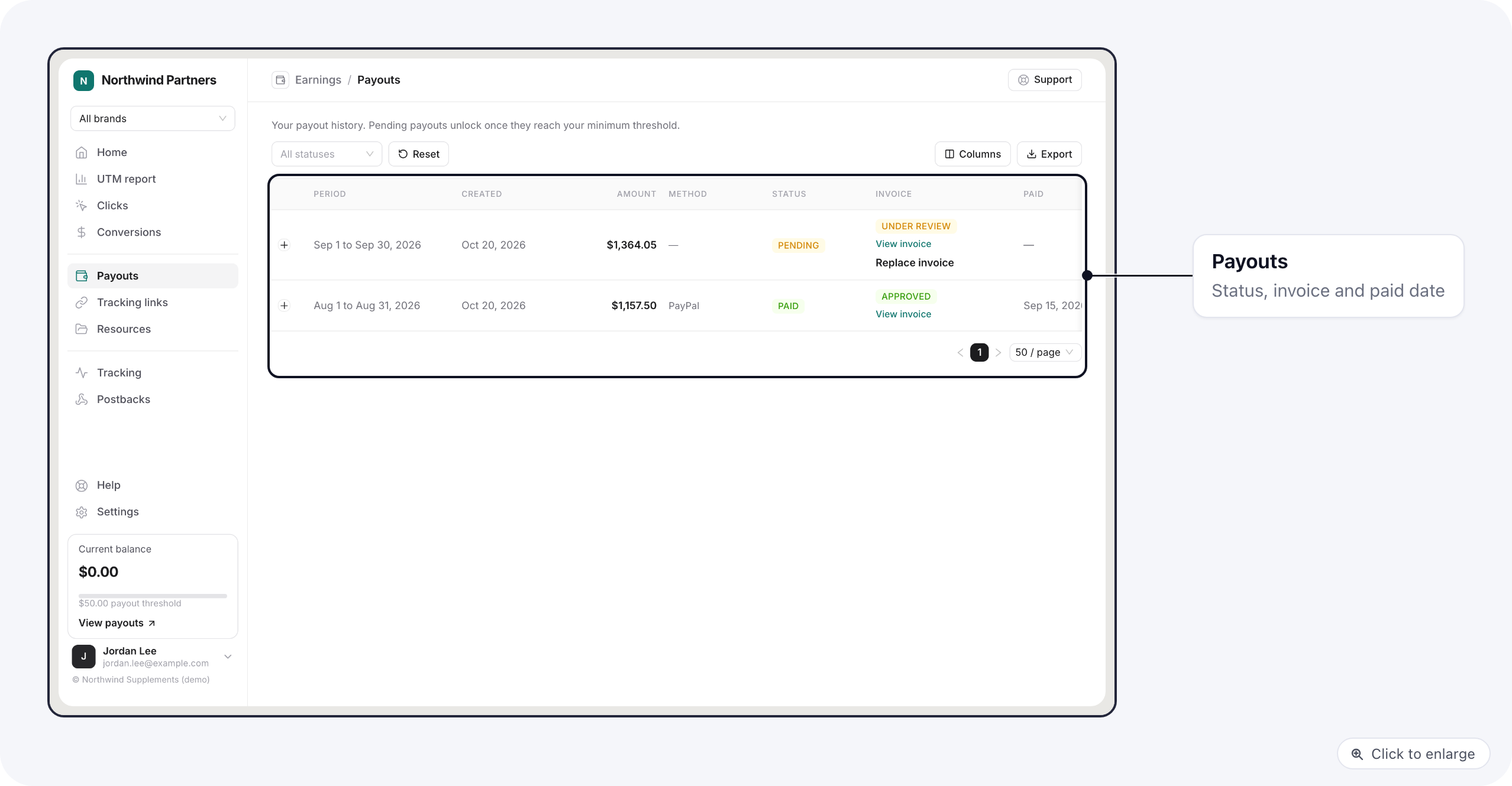 The Payouts page on the portal: a pending payout with its invoice under review and a paid one with its approved invoice
