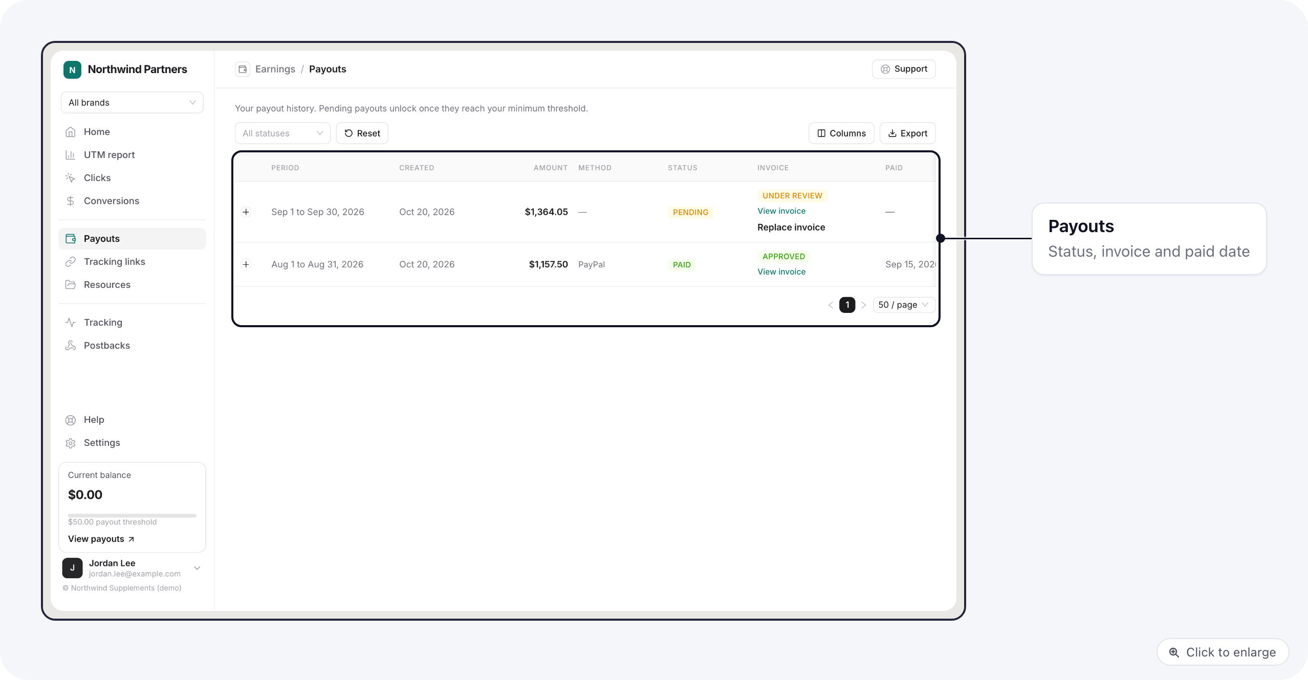 The Payouts page on the portal: a pending payout with its invoice under review and a paid one with its approved invoice