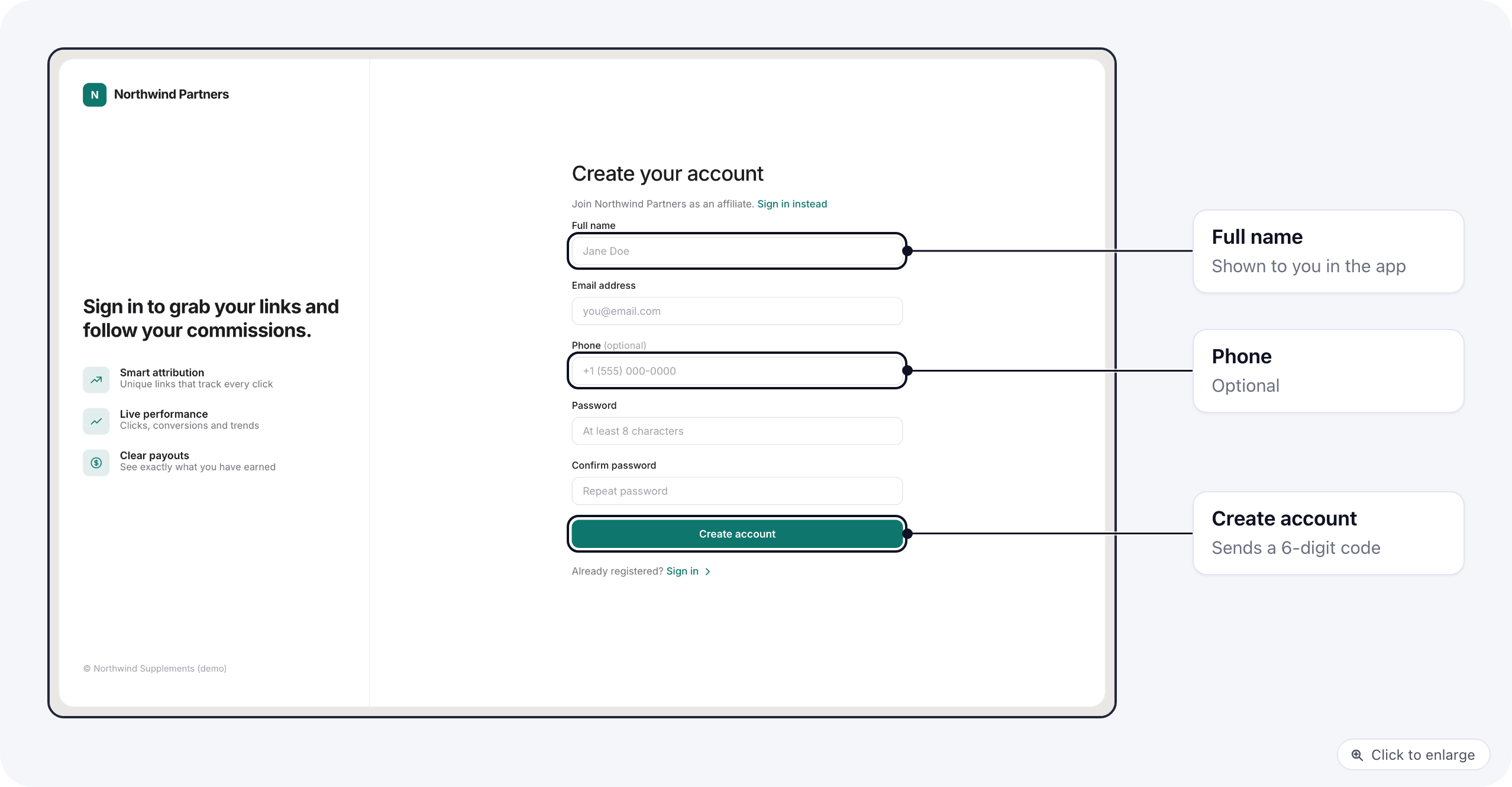 The portal's sign-up form with full name, email, optional phone and password, in the portal's branding