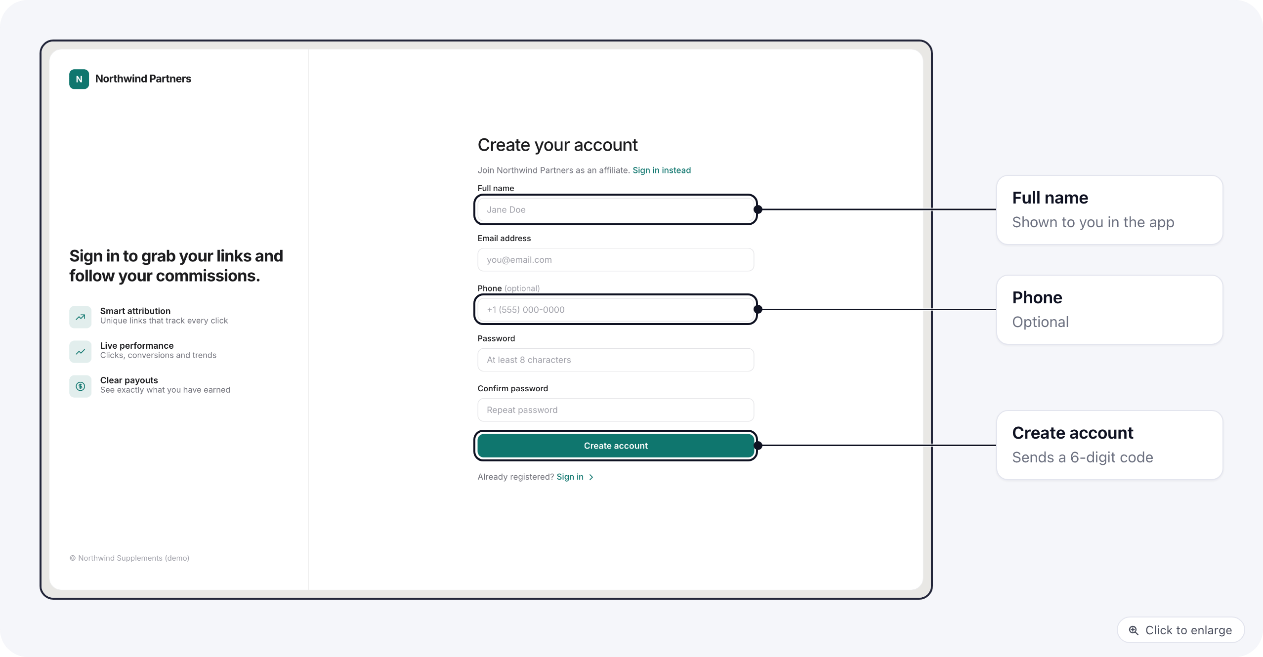 The portal's sign-up form with full name, email, optional phone and password, in the portal's branding