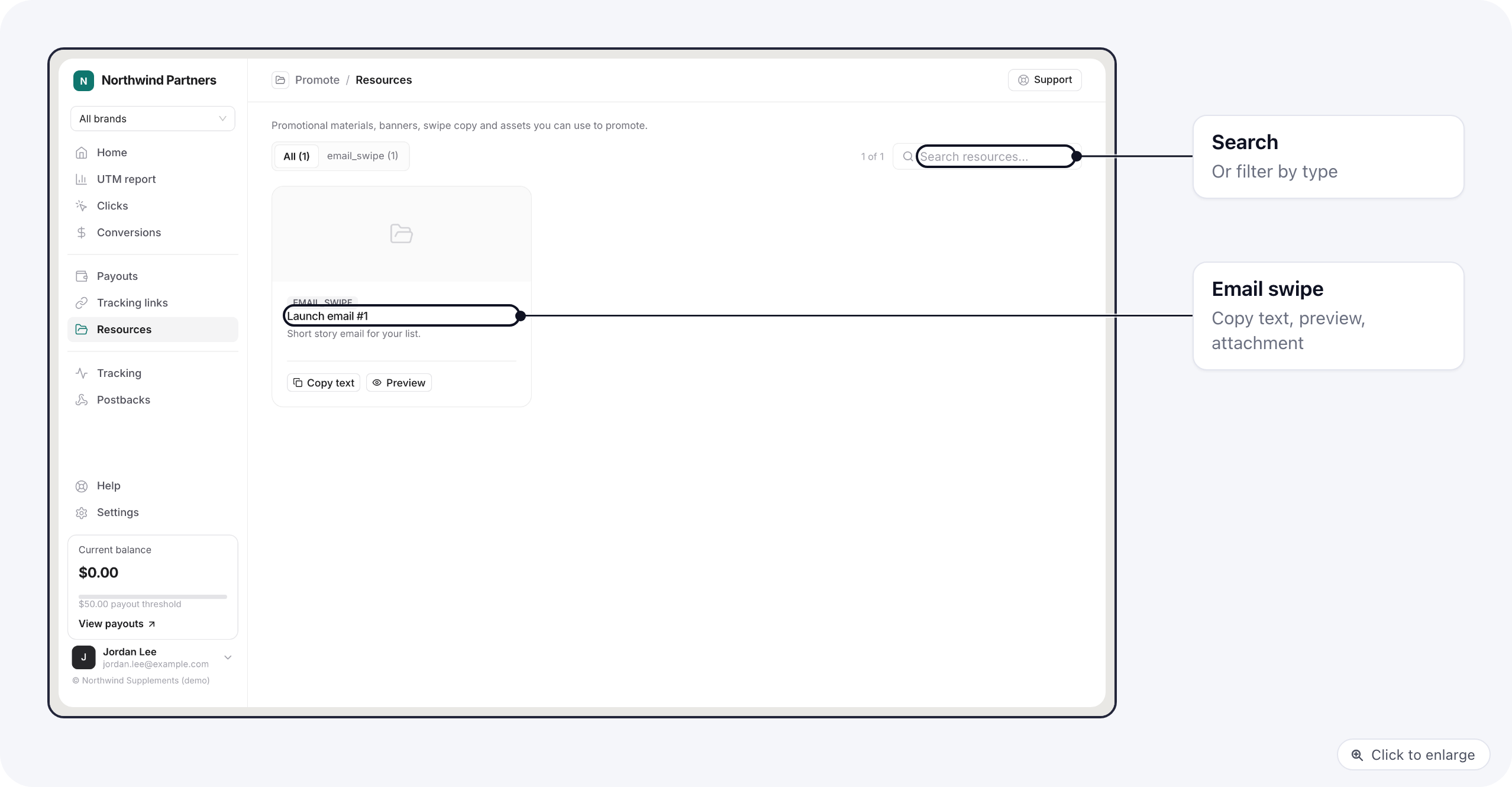 The Resources page on the portal with an email swipe card, its Copy text and Preview buttons, and the search box