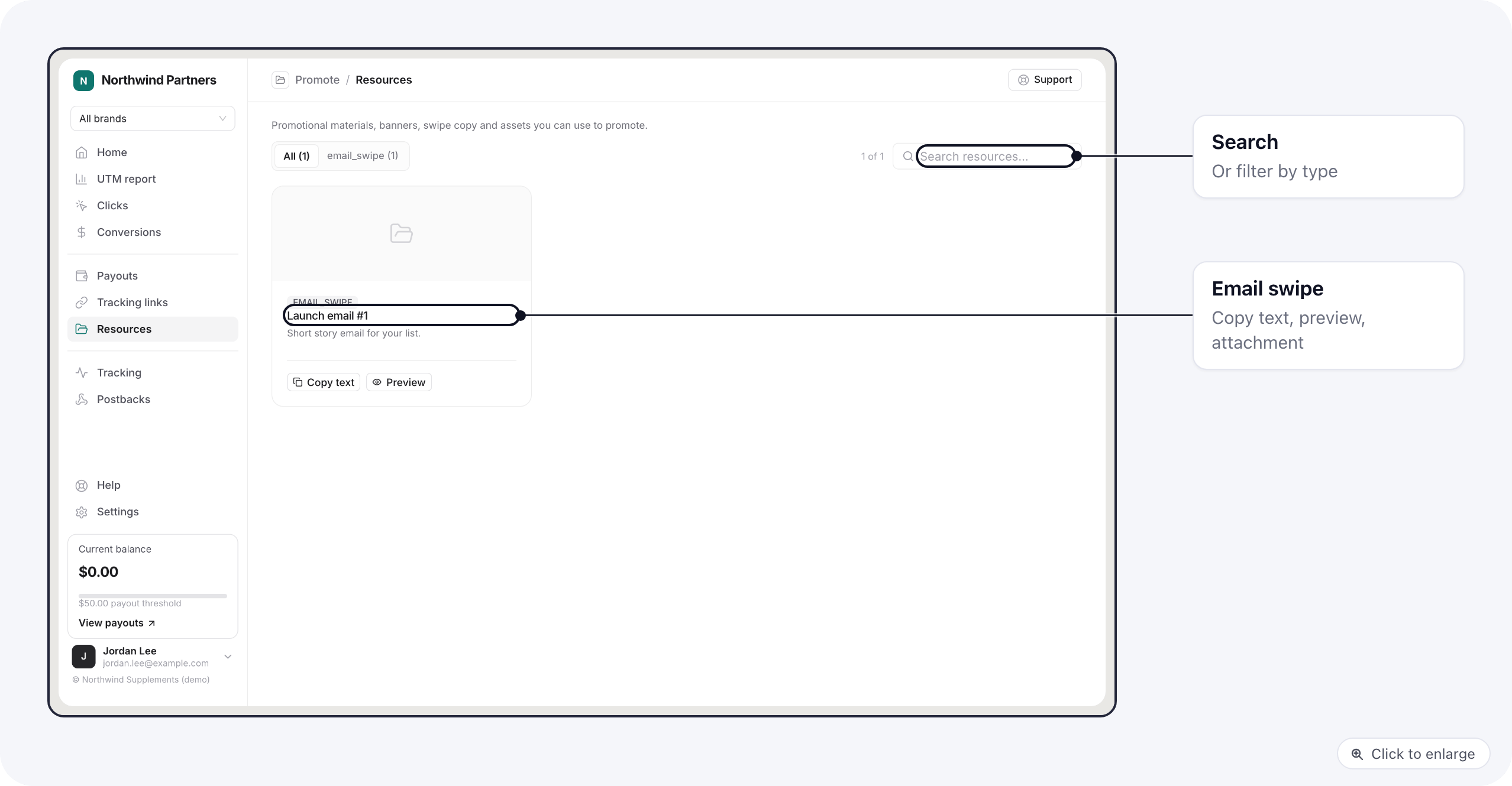 The Resources page on the portal with an email swipe card, its Copy text and Preview buttons, and the search box