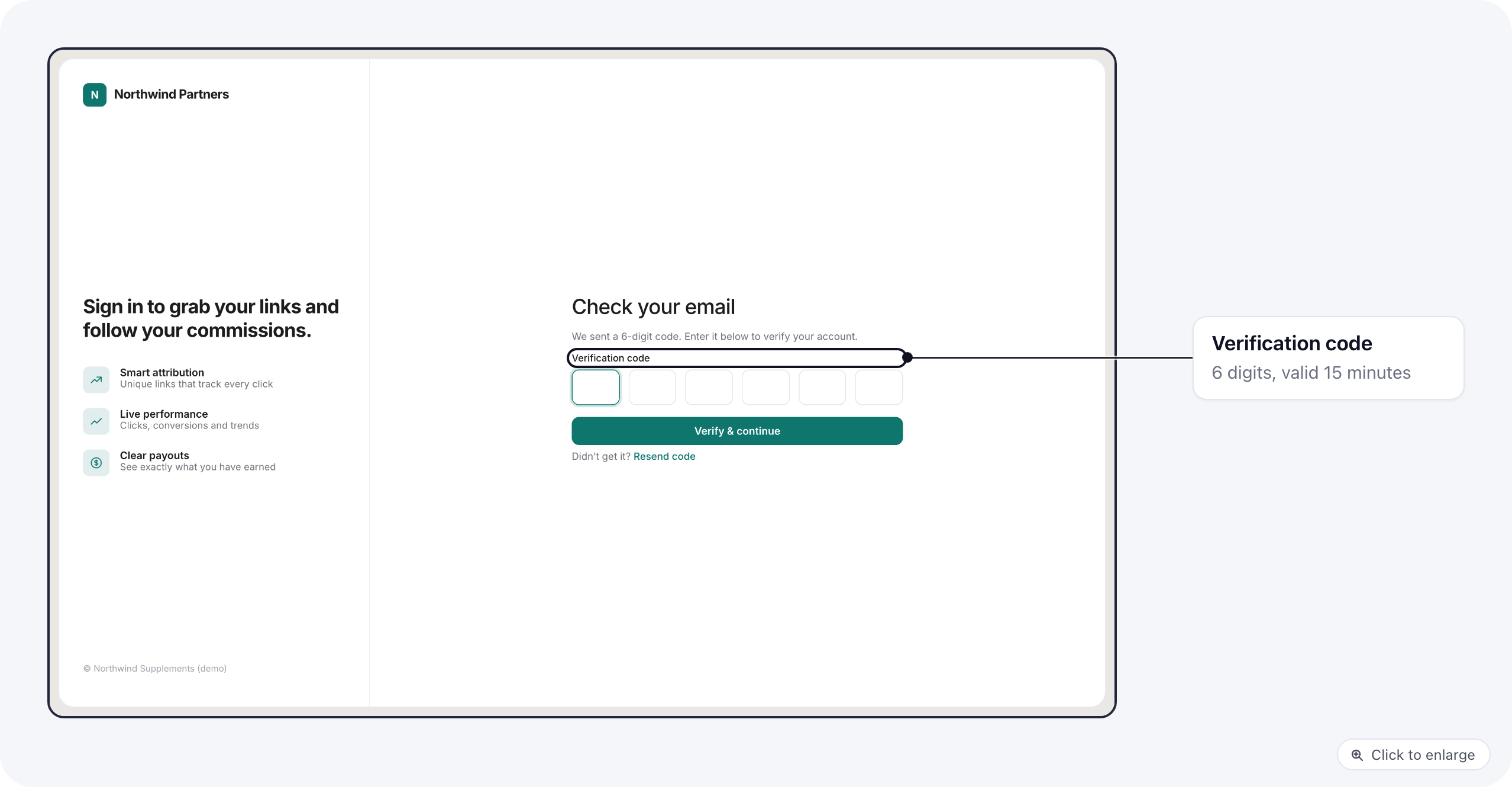 The verification step asking for the 6-digit code sent to the affiliate's email