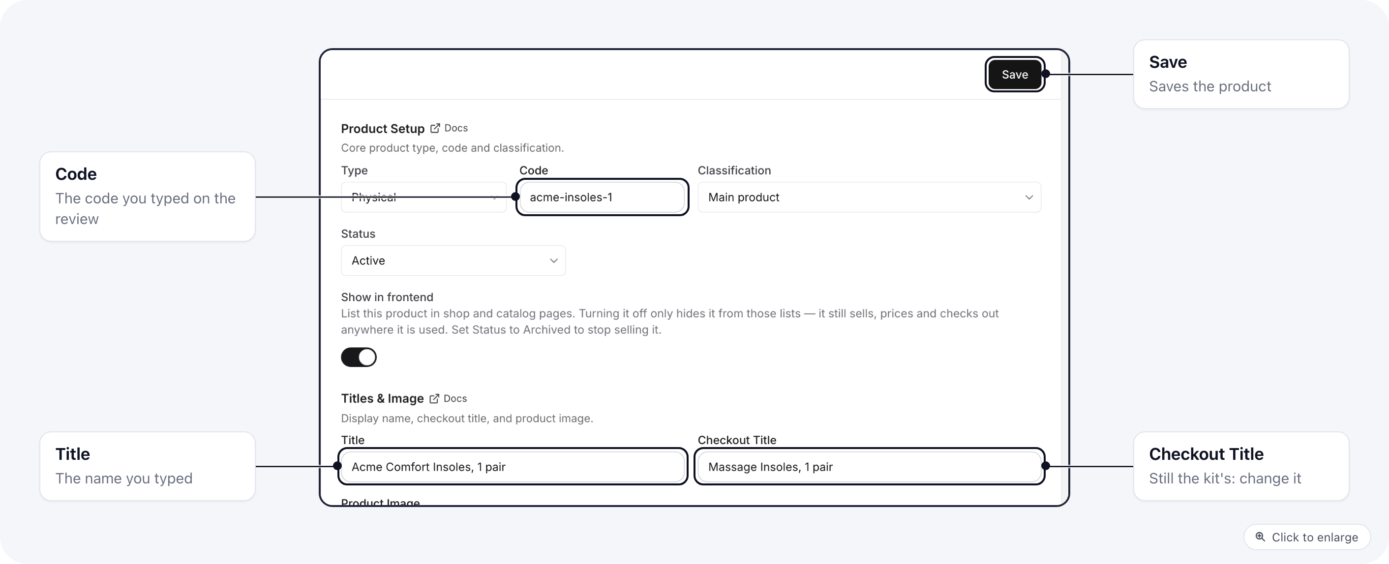 A product the kit created: its Code and Title are the ones typed on the review, and the Checkout Title still holds the kit's wording