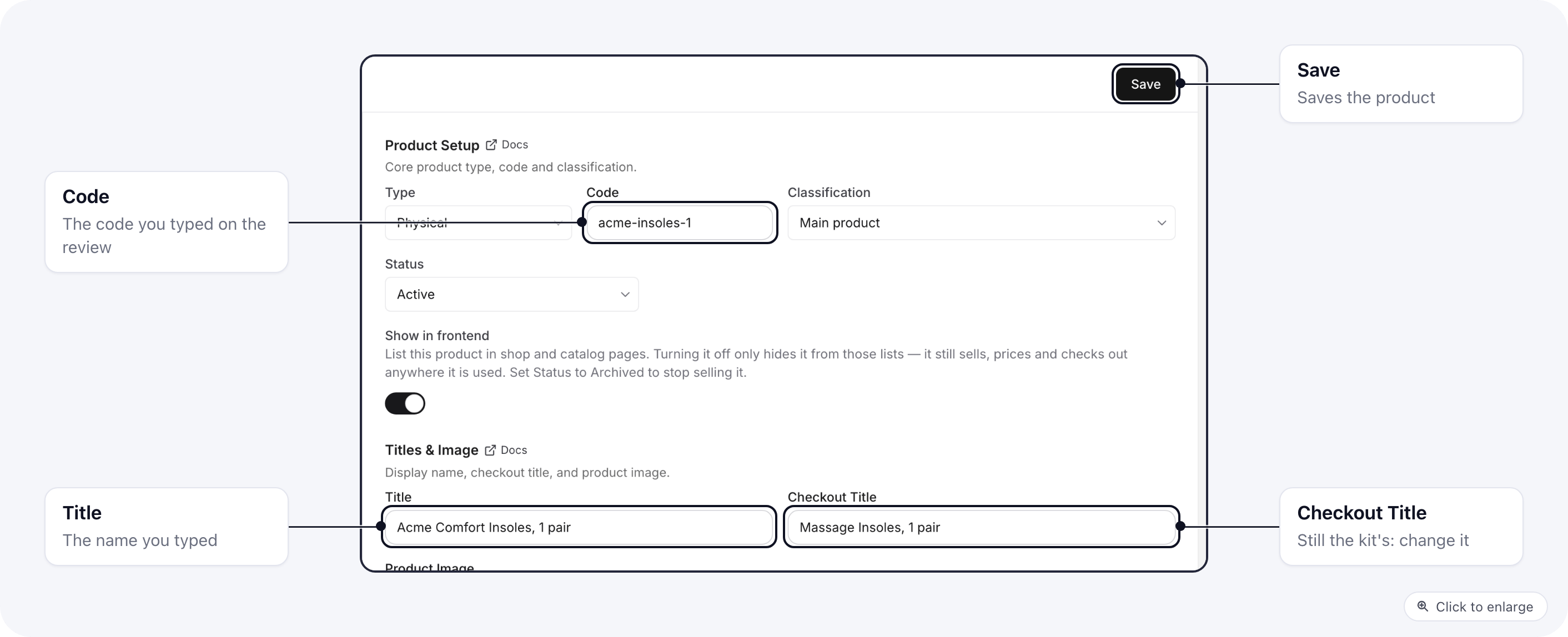 A product the kit created: its Code and Title are the ones typed on the review, and the Checkout Title still holds the kit's wording