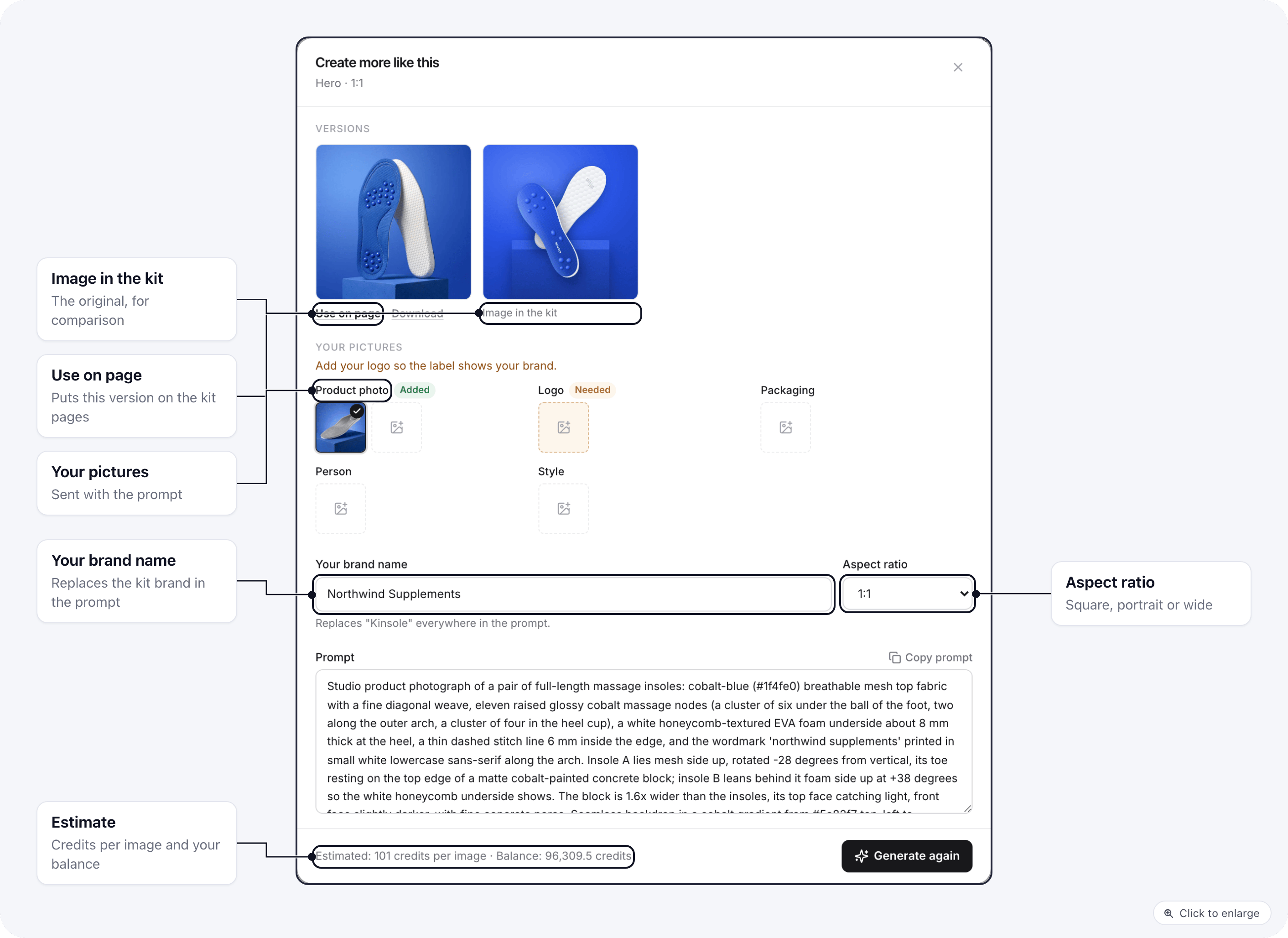 The Create more like this window: a finished version with Use on page and Download, the kit's own image, Your pictures, Your brand name, Aspect ratio, the prompt and the credit estimate