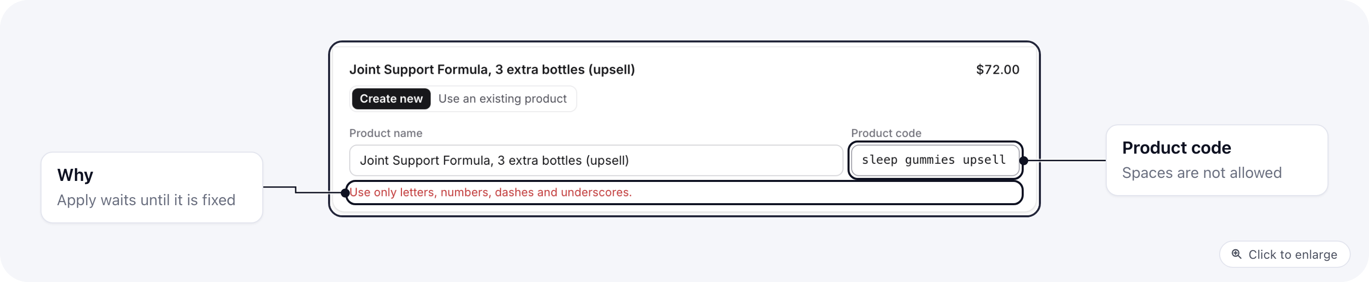 A product row whose code has spaces, with the message Use only letters, numbers, dashes and underscores under it