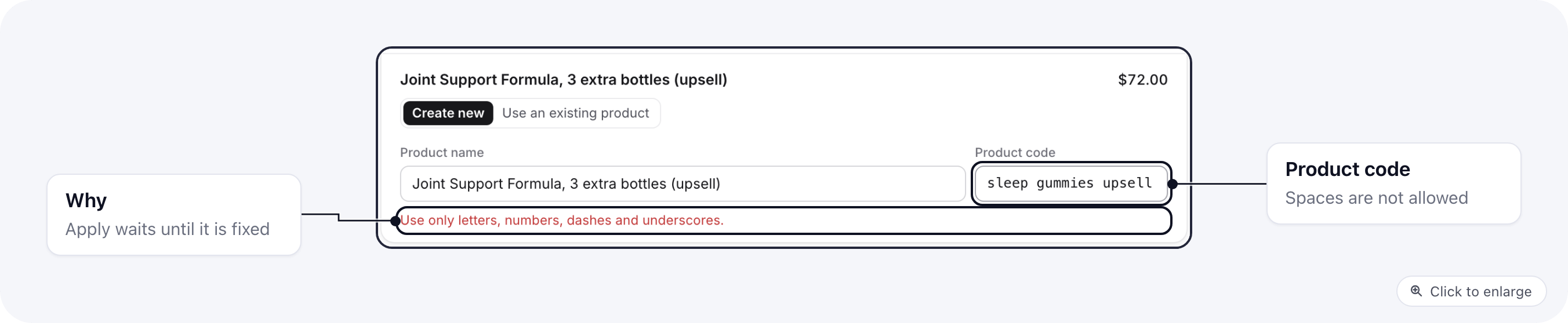 A product row whose code has spaces, with the message Use only letters, numbers, dashes and underscores under it