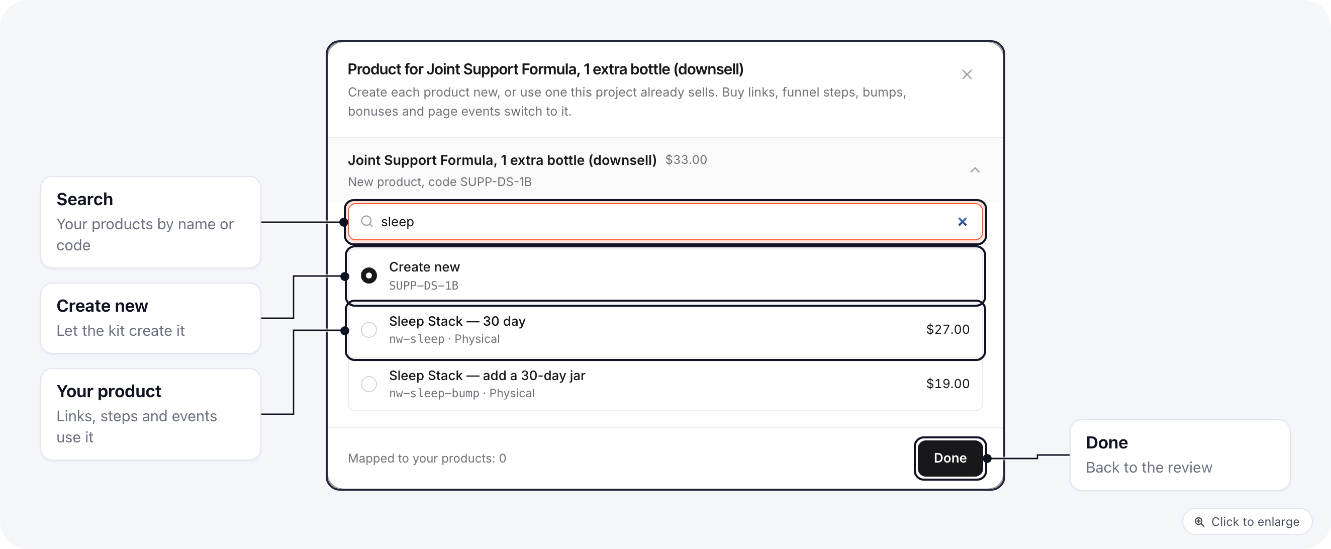 The window Product for Joint Support Formula, 1 extra bottle (downsell): a search box, Create new, and the project's own products that match the search
