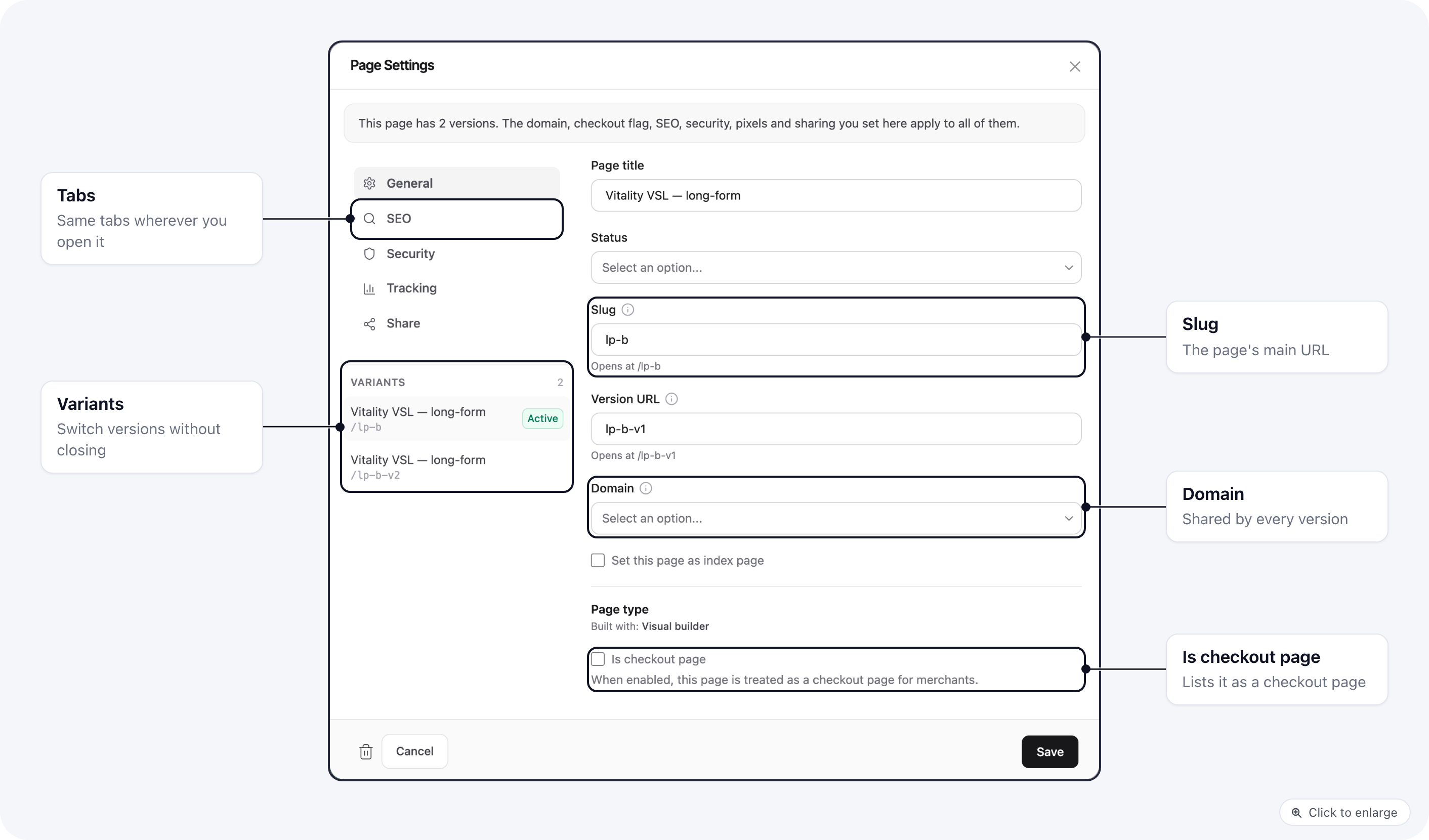 The Page Settings dialog on the General tab, with the tab list on the left, the slug and version URL, the domain, and the Page type section with Is checkout page
