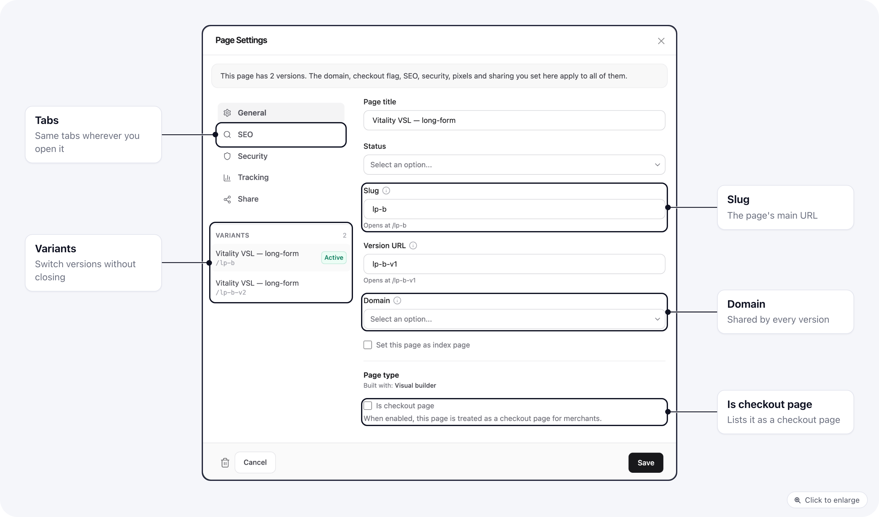 The Page Settings dialog on the General tab, with the tab list on the left, the slug and version URL, the domain, and the Page type section with Is checkout page