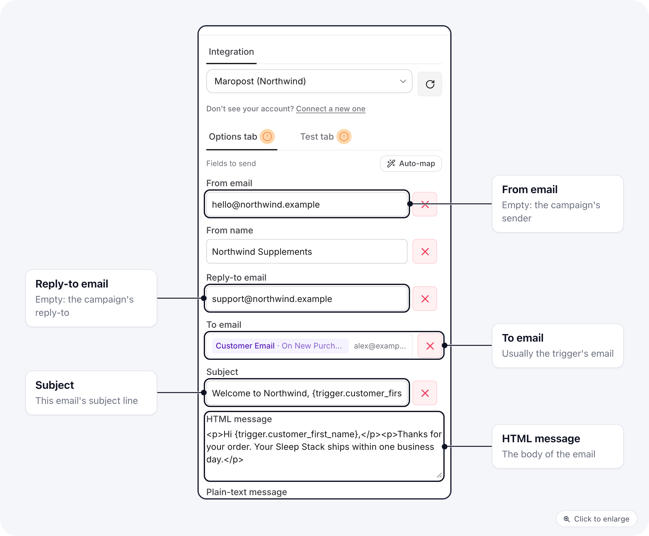 The Maropost Send Email step: From email, From name, Reply-to email, To email mapped from the trigger, Subject and the HTML and plain-text message