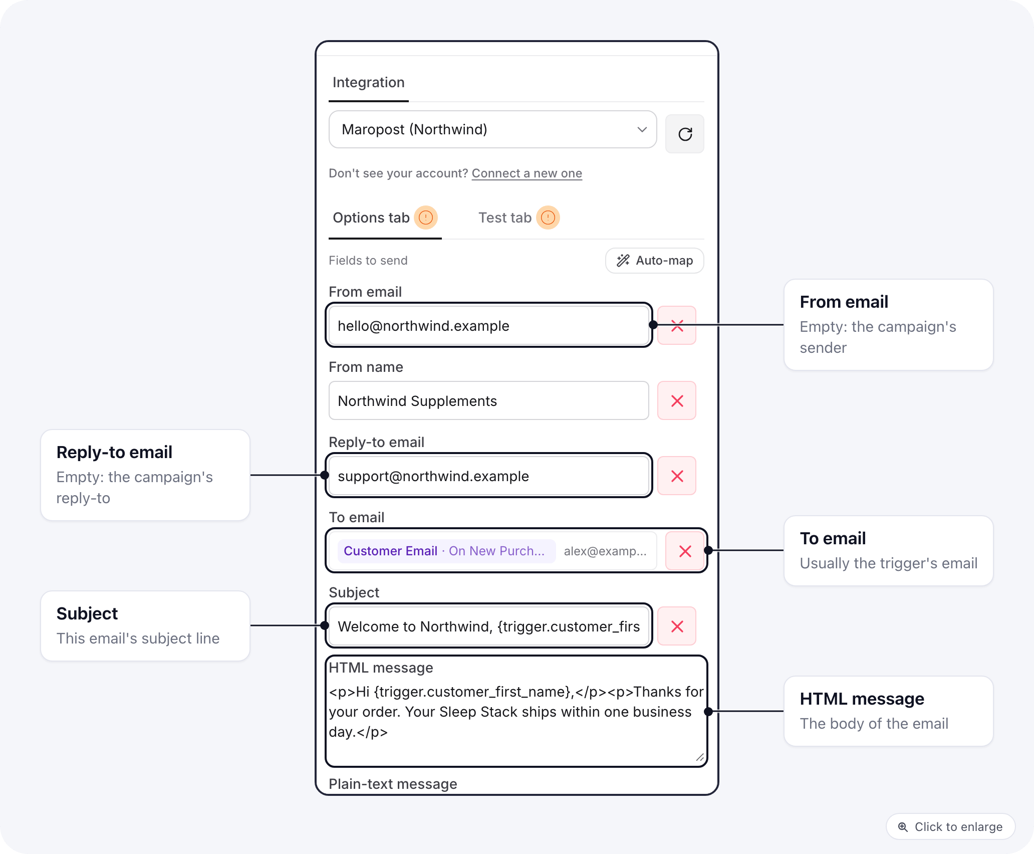 The Maropost Send Email step: From email, From name, Reply-to email, To email mapped from the trigger, Subject and the HTML and plain-text message