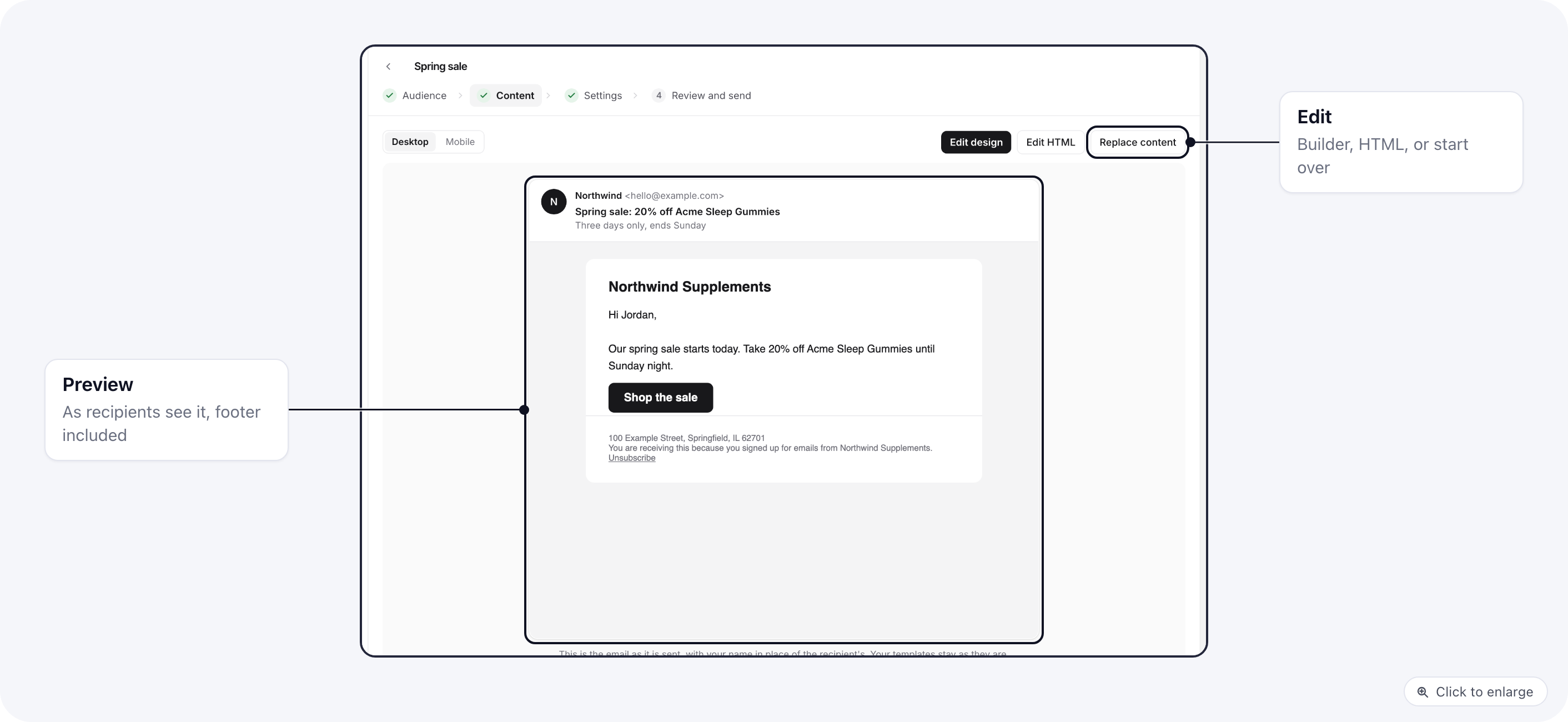 Email campaign, Content step: the email preview with the automatic footer, and the edit buttons