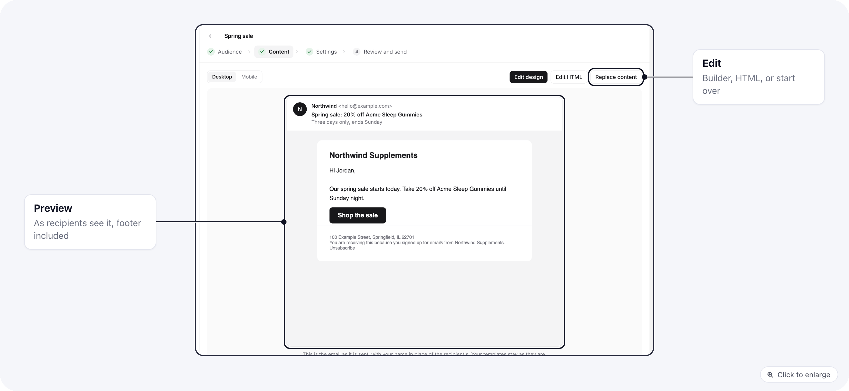 Email campaign, Content step: the email preview with the automatic footer, and the edit buttons