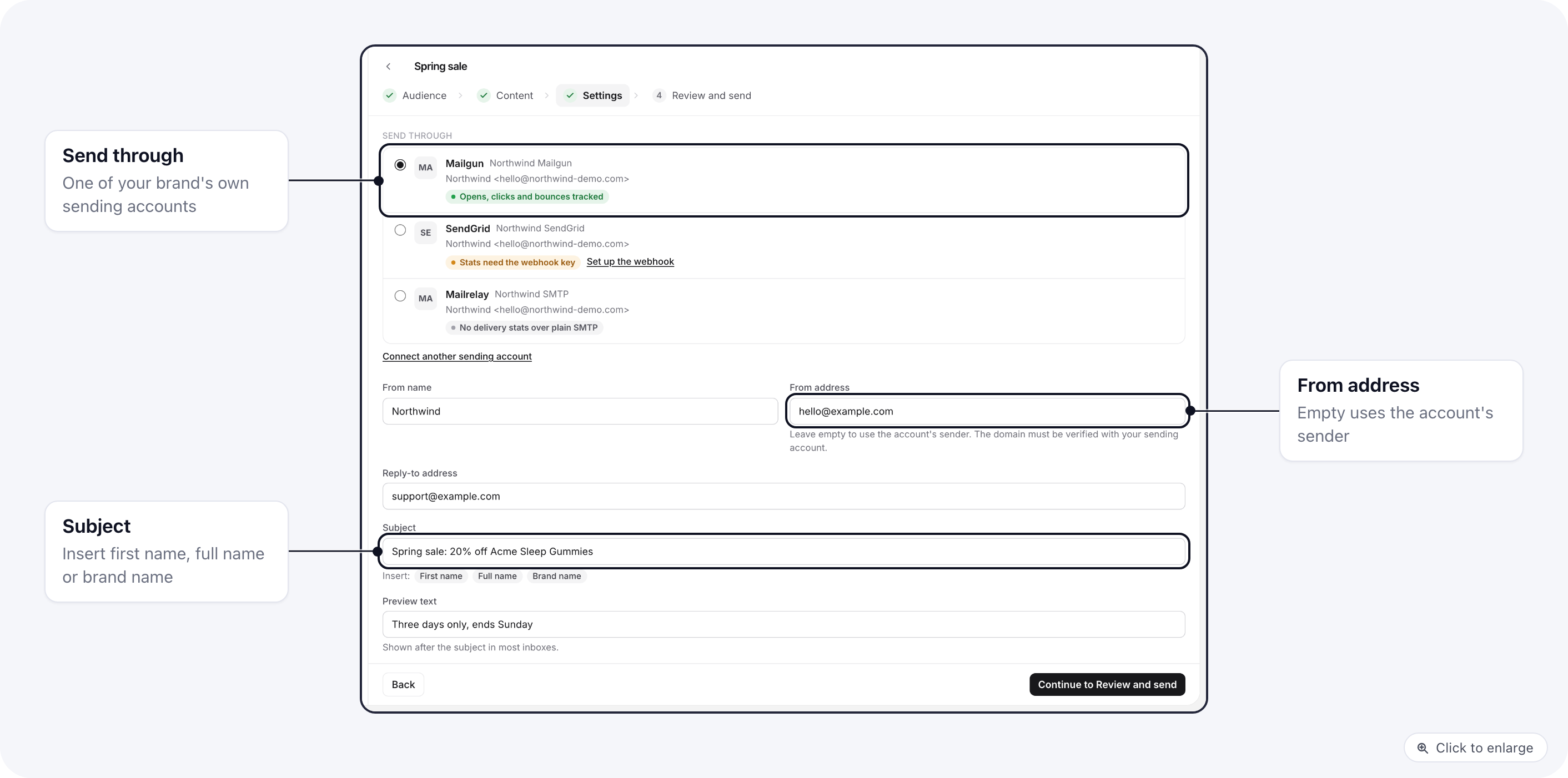 Email campaign, Settings step: sending account, sender fields, subject and preview text