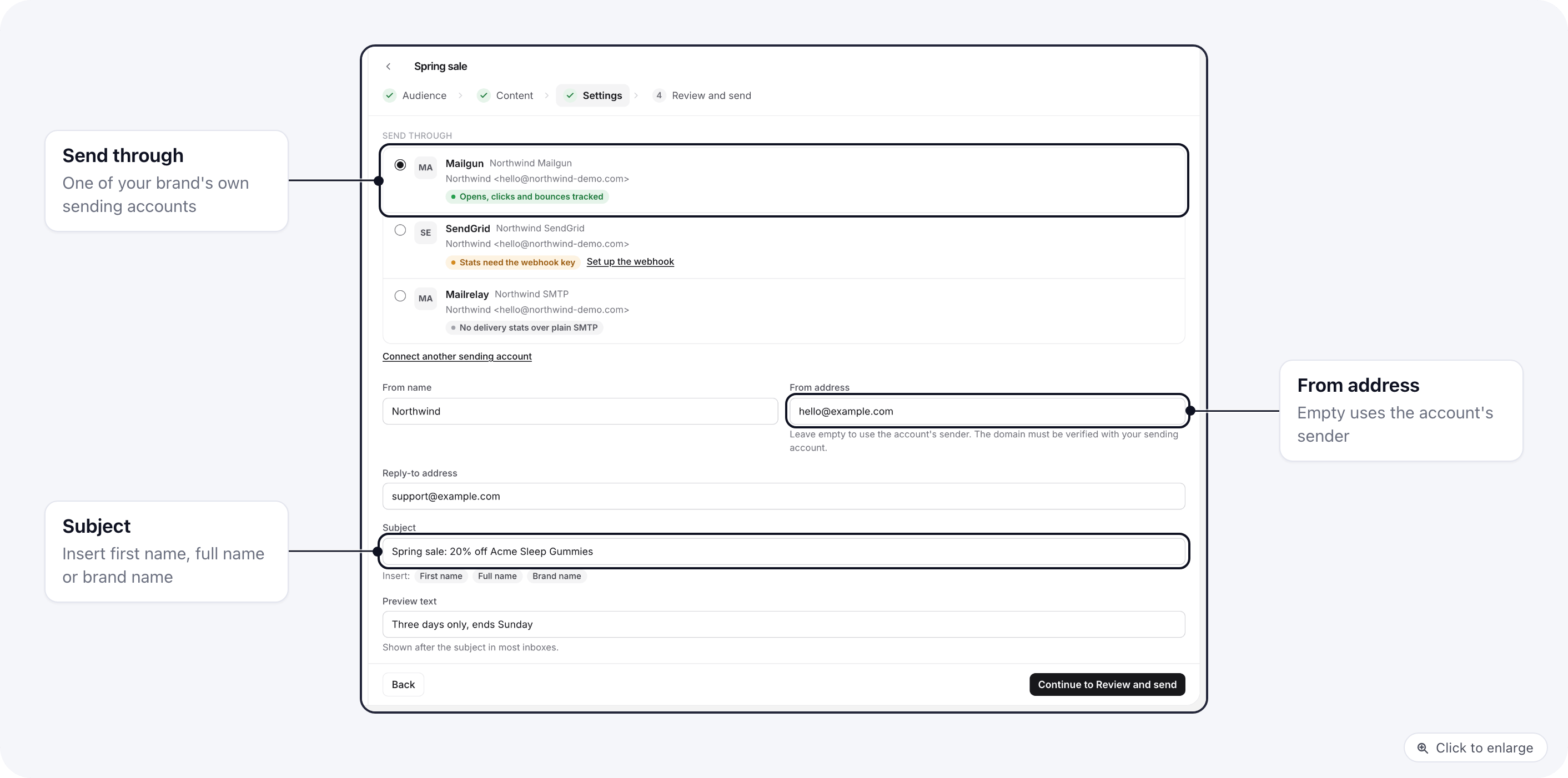 Email campaign, Settings step: sending account, sender fields, subject and preview text