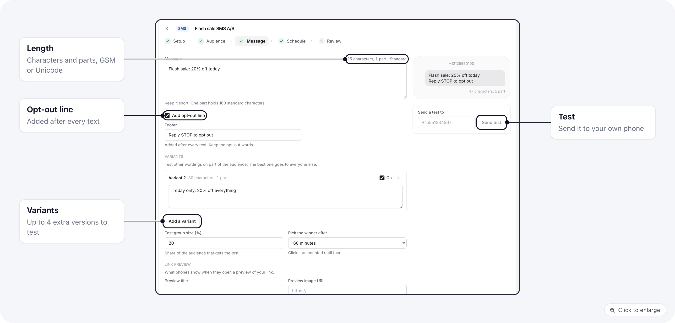 SMS campaign, Message step: text, character and part count, opt-out line, variants and phone preview