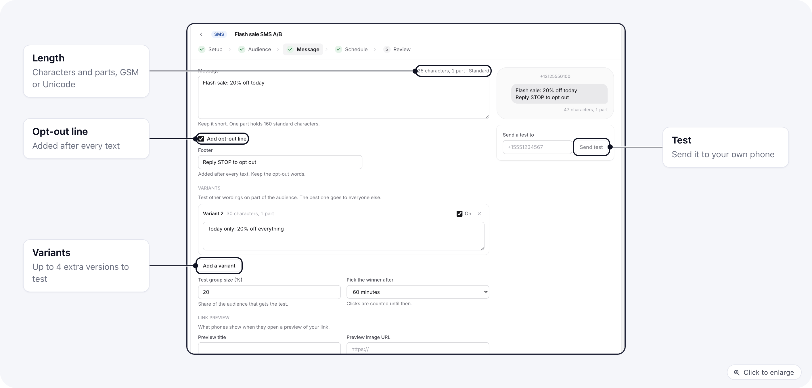 SMS campaign, Message step: text, character and part count, opt-out line, variants and phone preview