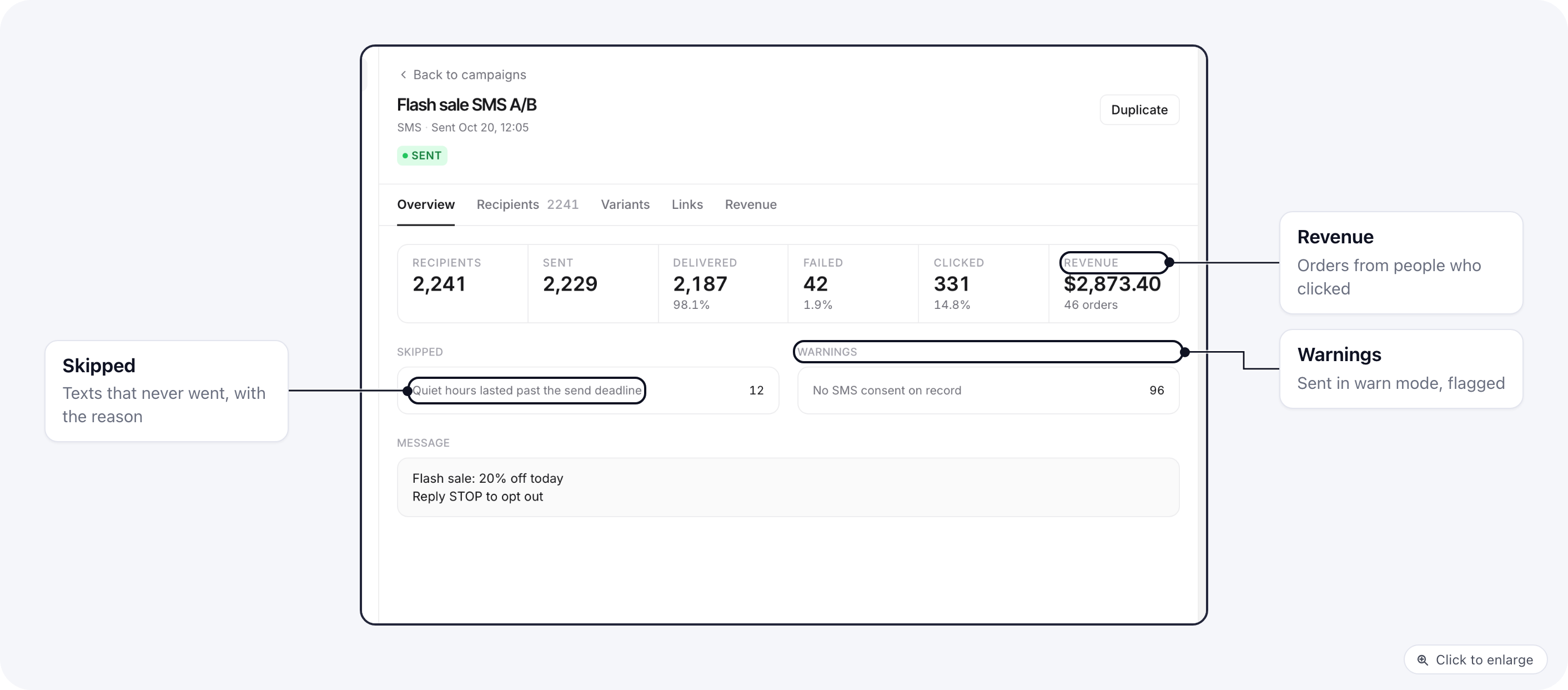 SMS campaign report, Overview: recipients, sent, delivered, failed, clicked and revenue, with skipped and warnings