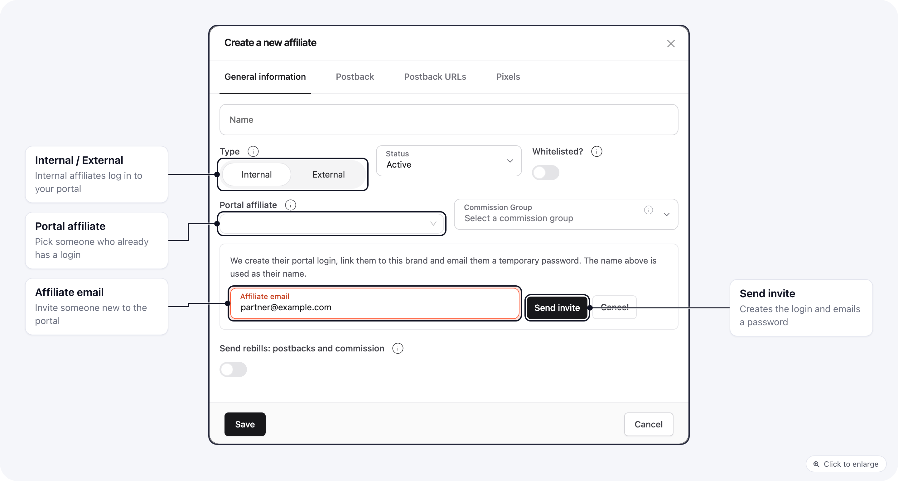 The Create a new affiliate dialog with Internal selected, the Portal affiliate picker, and the invite box with partner@example.com and the Send invite button
