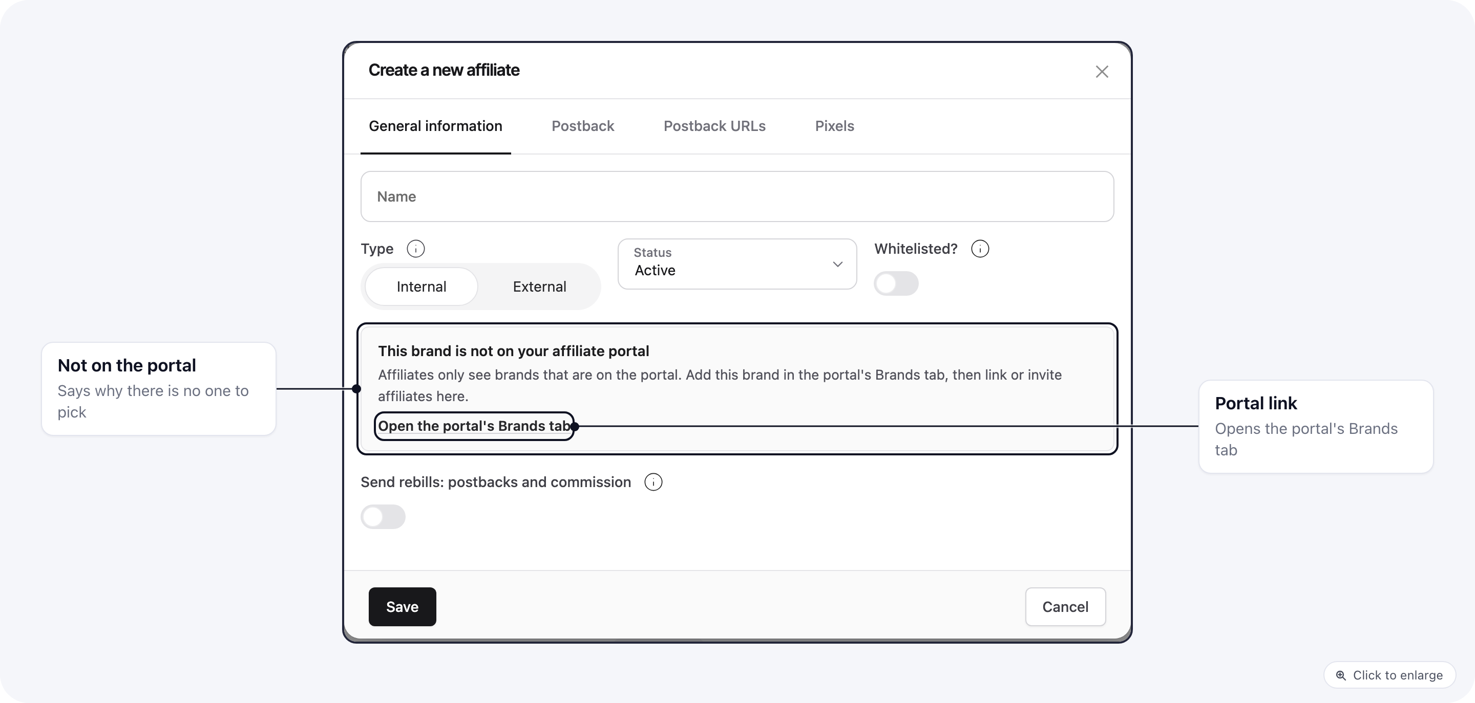 The Create a new affiliate dialog explaining that this brand is not on the affiliate portal, with a link that opens the portal's Brands tab