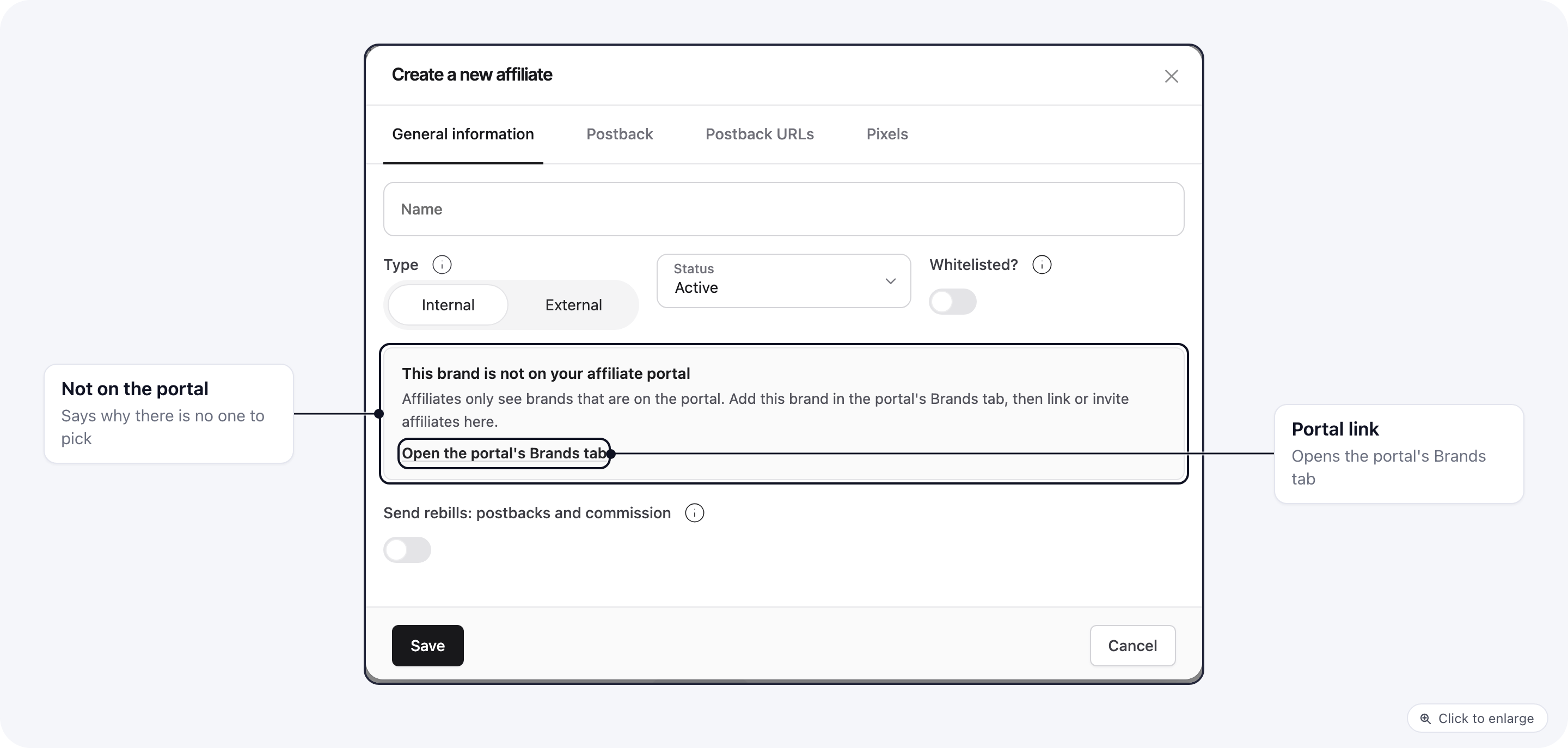 The Create a new affiliate dialog explaining that this brand is not on the affiliate portal, with a link that opens the portal's Brands tab