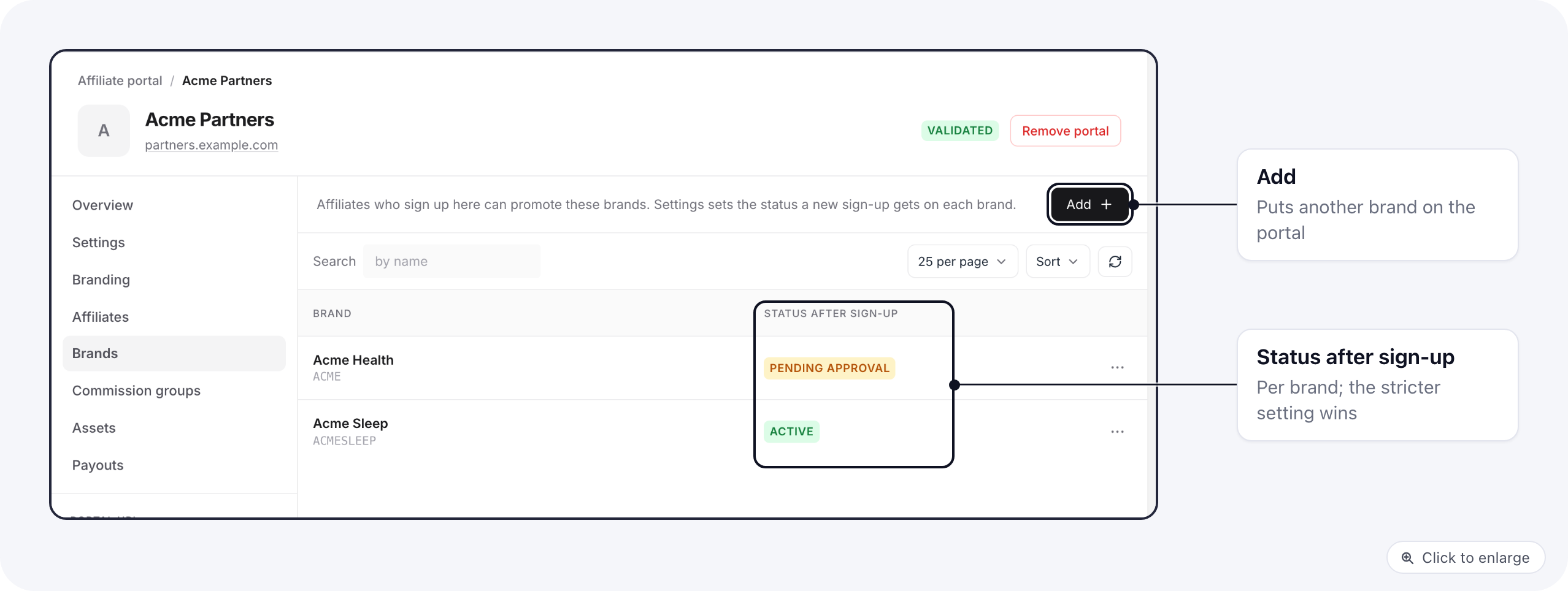 The affiliate portal's Brands tab: two brands, one with status after sign-up Pending approval and one Active, and the Add button