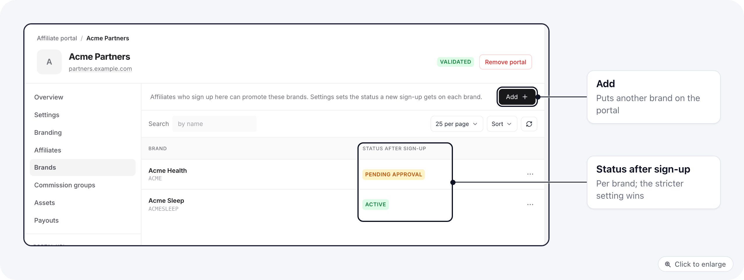The affiliate portal's Brands tab: two brands, one with status after sign-up Pending approval and one Active, and the Add button