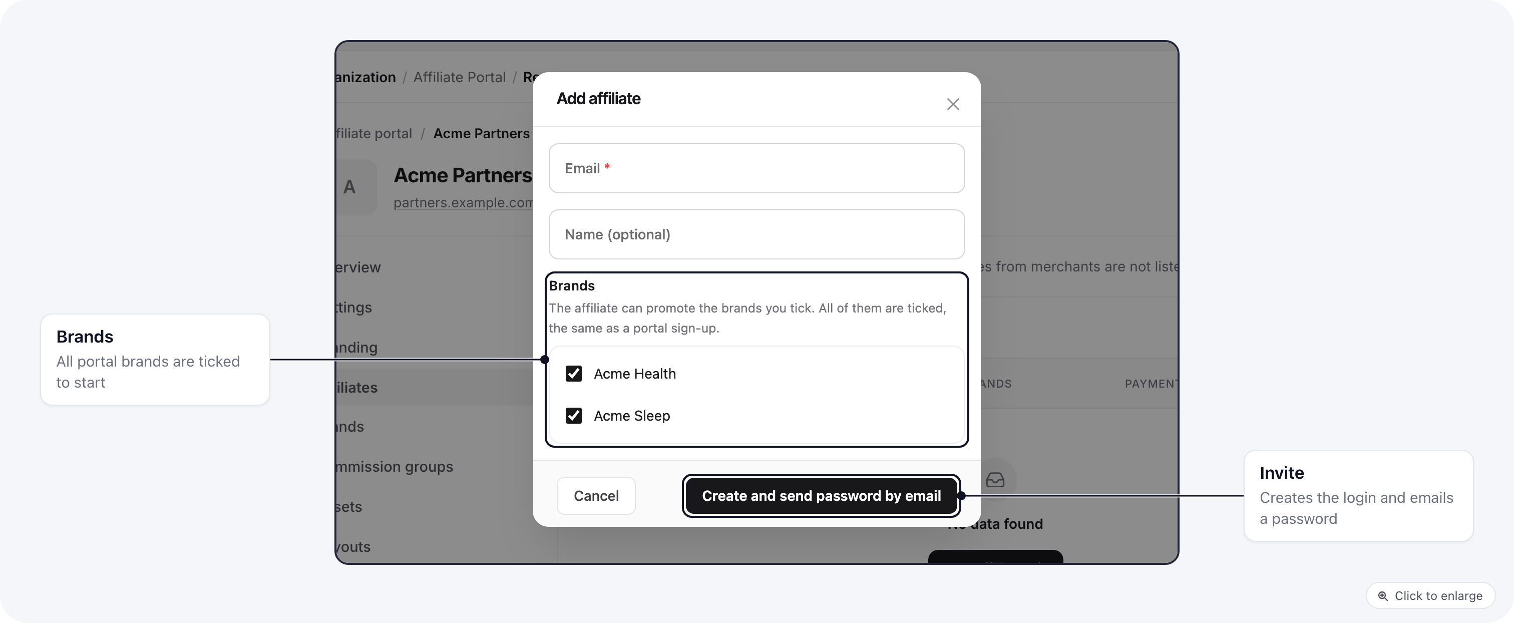 The Add affiliate dialog on the affiliate portal with an email field, a name field and both portal brands ticked